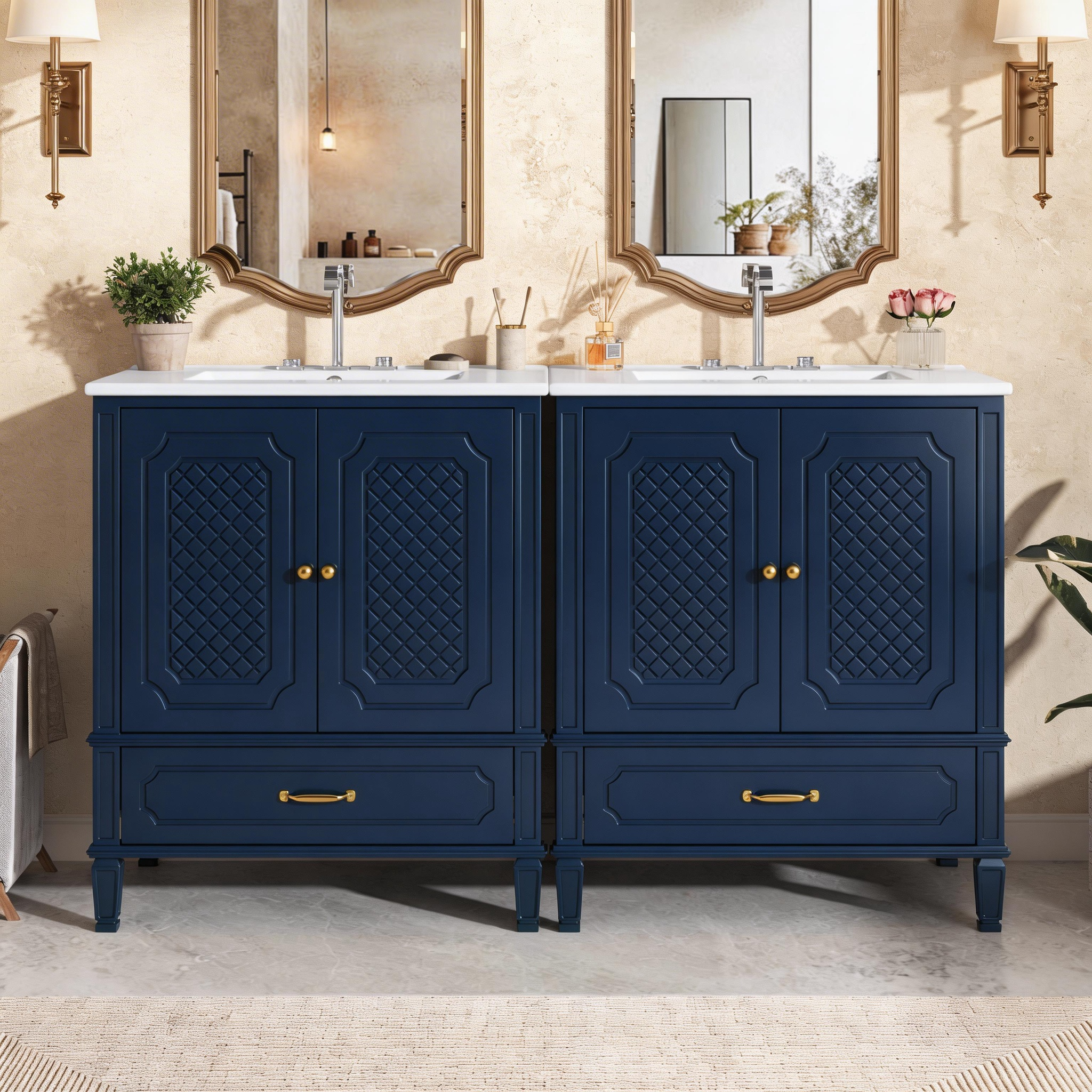 Vanité salle bain 60 po double lavabo 2 portes bleu