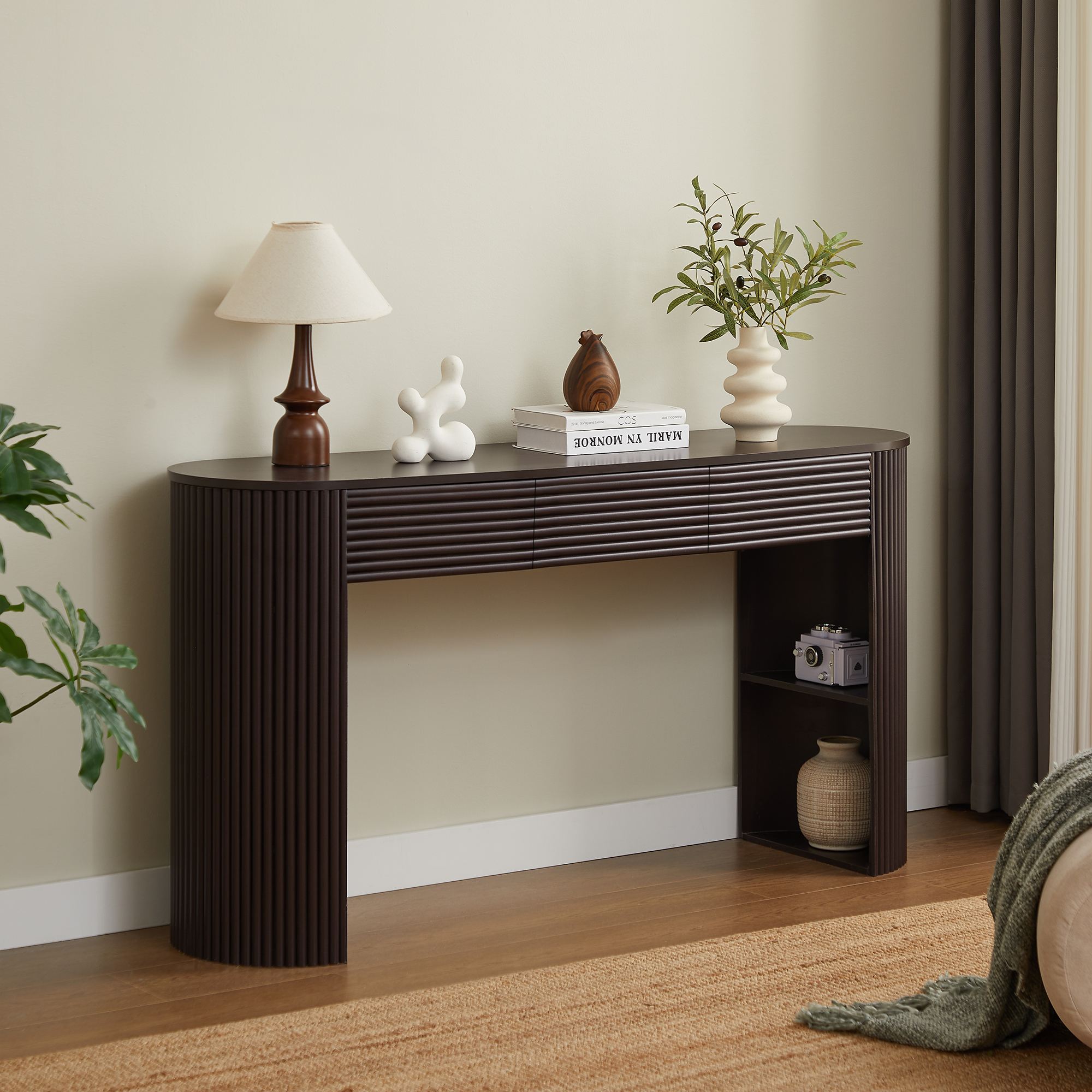 Table console rétro vidéo avec rangement, 3 tiroirs, espresso