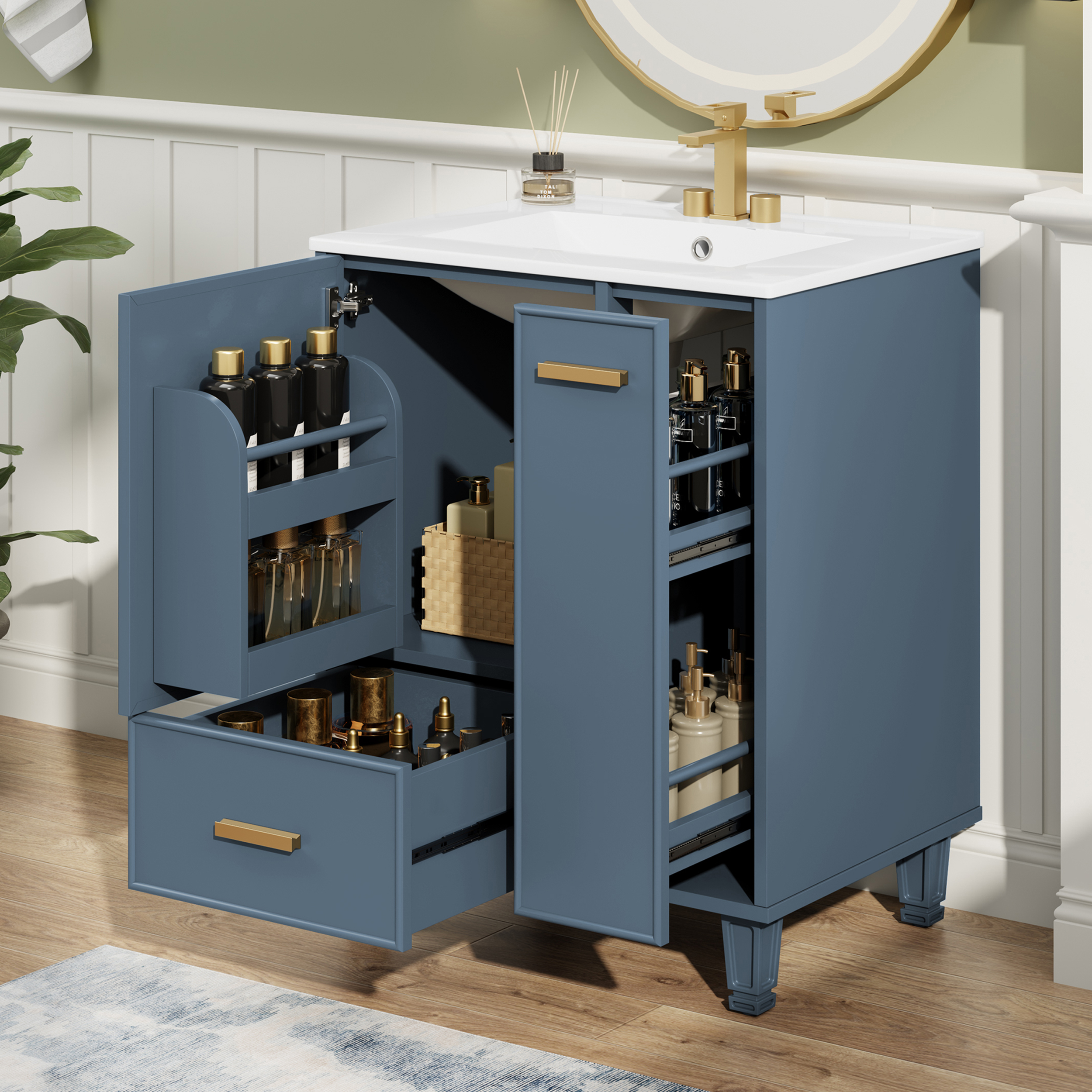 Meuble salle bain 24po, lavabo portes/tiroirs, bois/MDF, gris-bleu