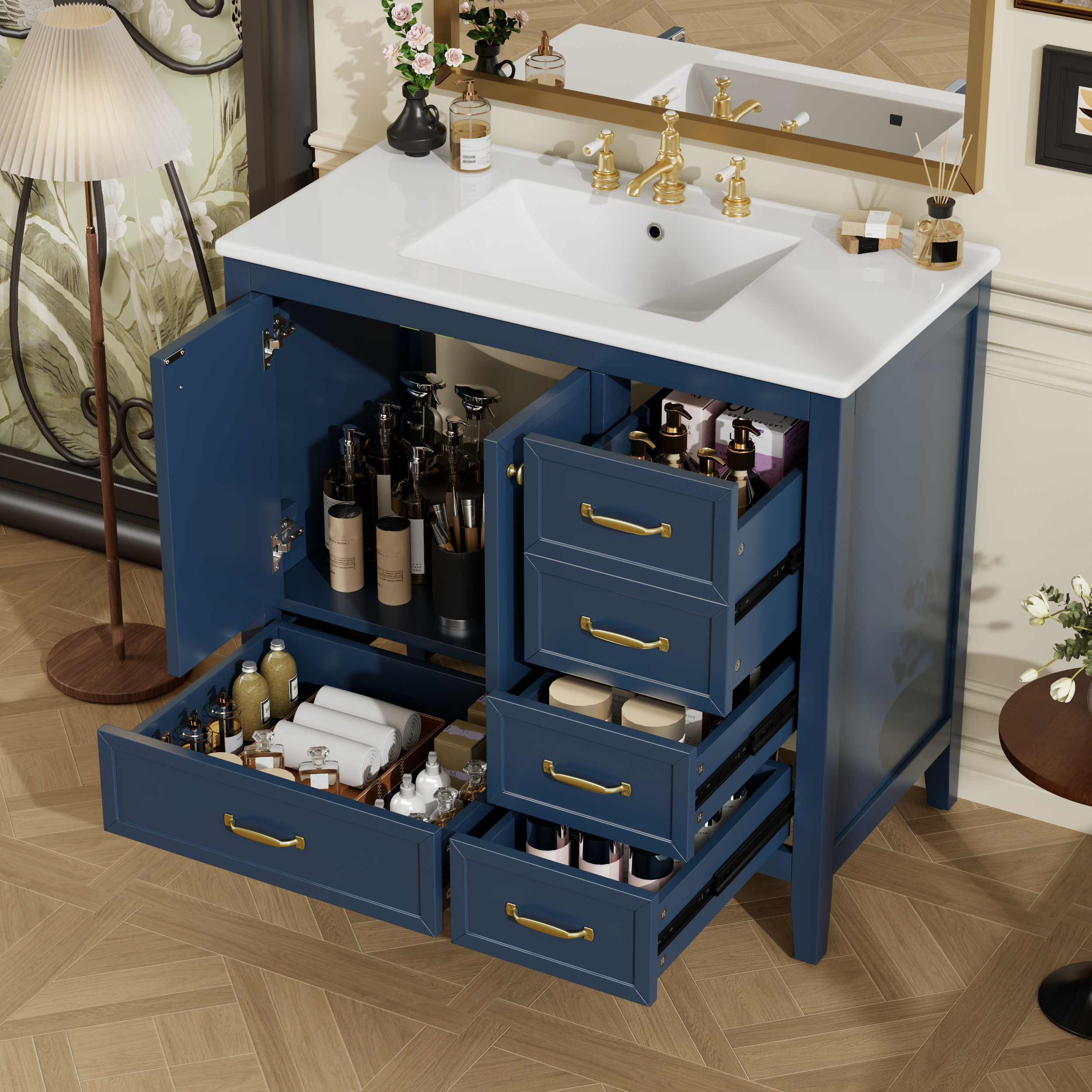 Meuble-lavabo 36'' avec lavabo, 4 tiroirs, bois bleu