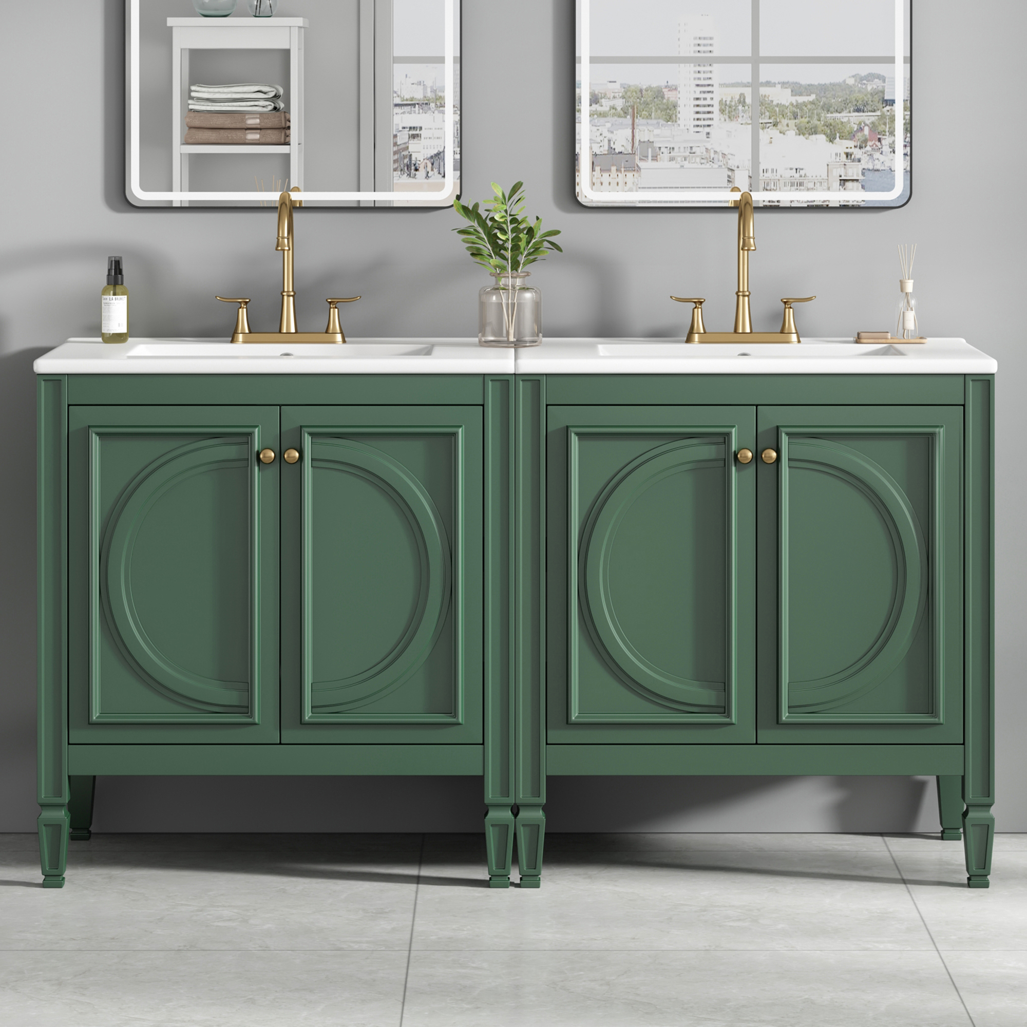 Meuble lavabo salle bain 60po double évier vert