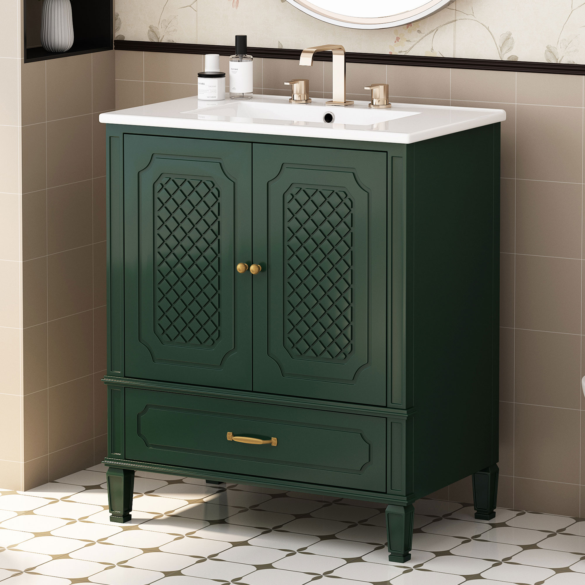 Meuble salle de bain 30 po style vintage, rangement multifonctionnel