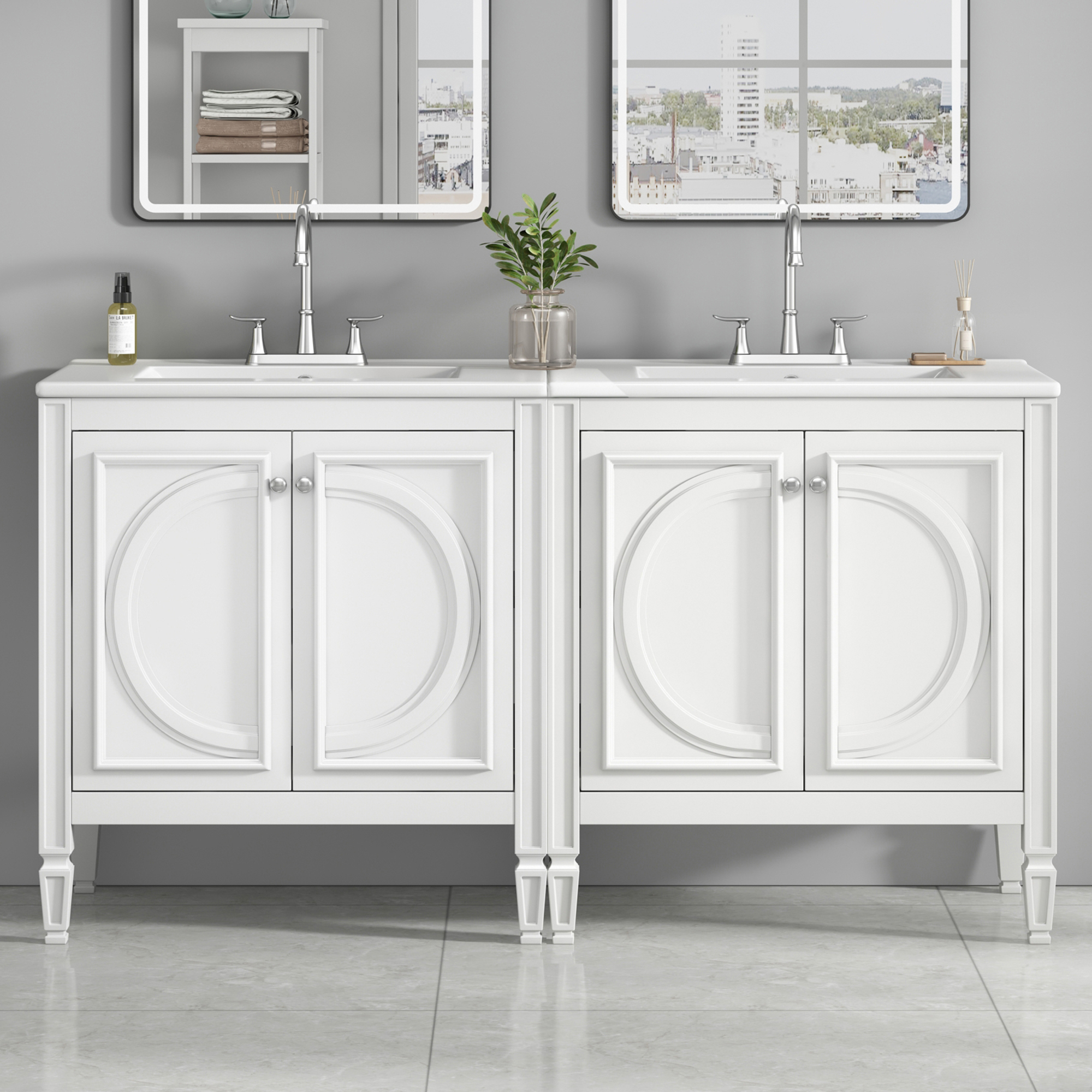 Vanité salle bain 60po double lavabo, céramique, tiroir, blanc