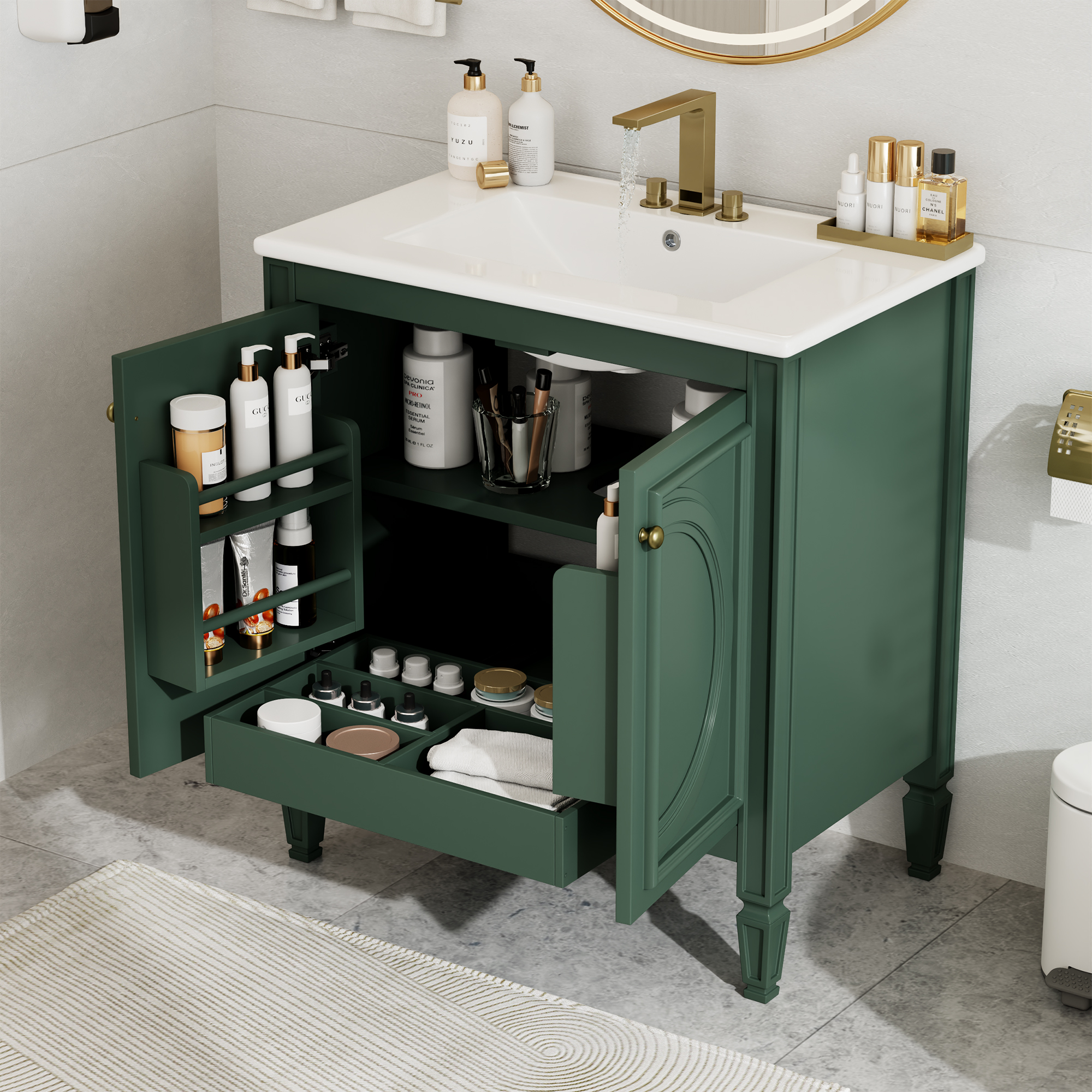 Vanité salle bain 30po vert, 2 portes, tablette, charnières soft-close