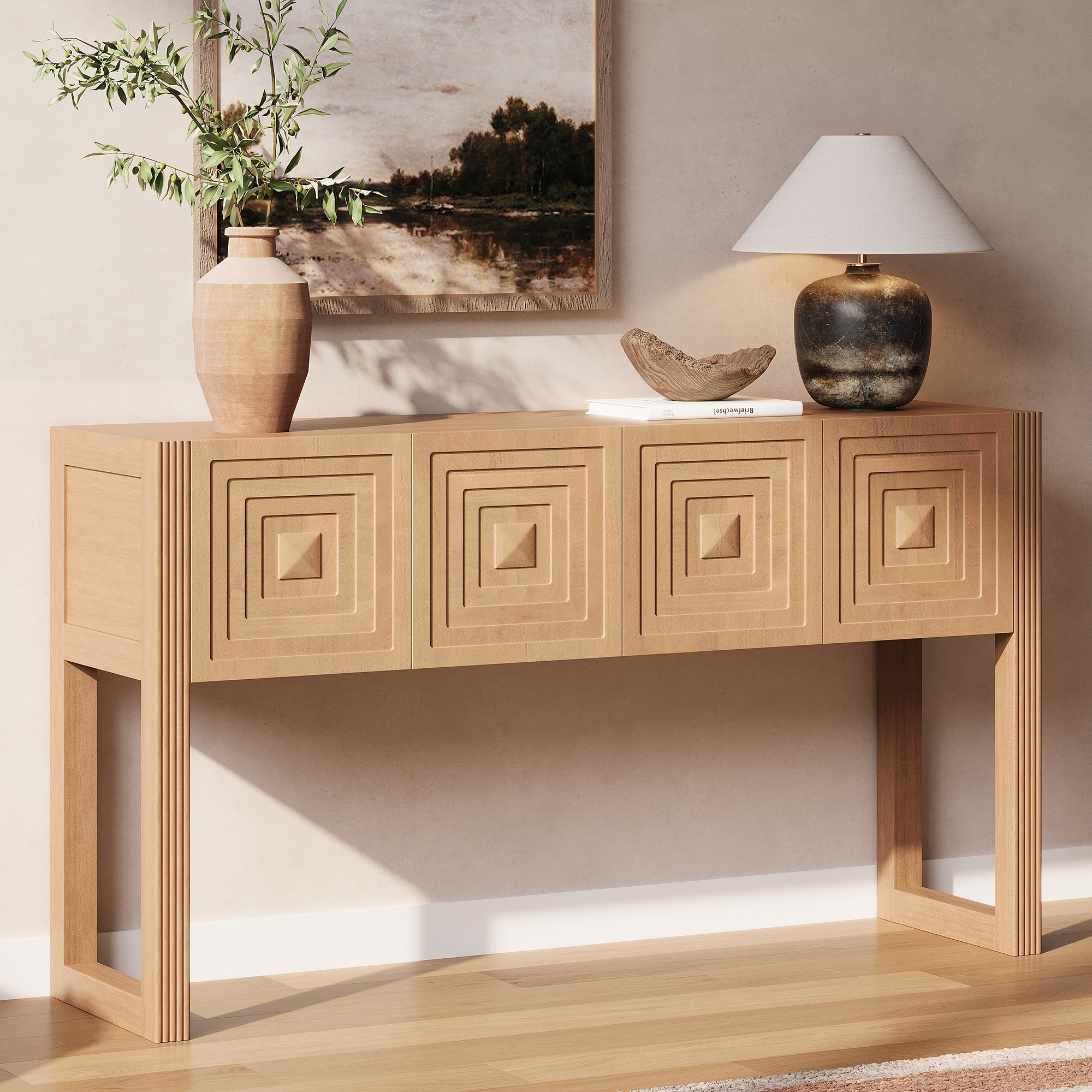 Table console chêne & noir, 3 tiroirs fermeture douce