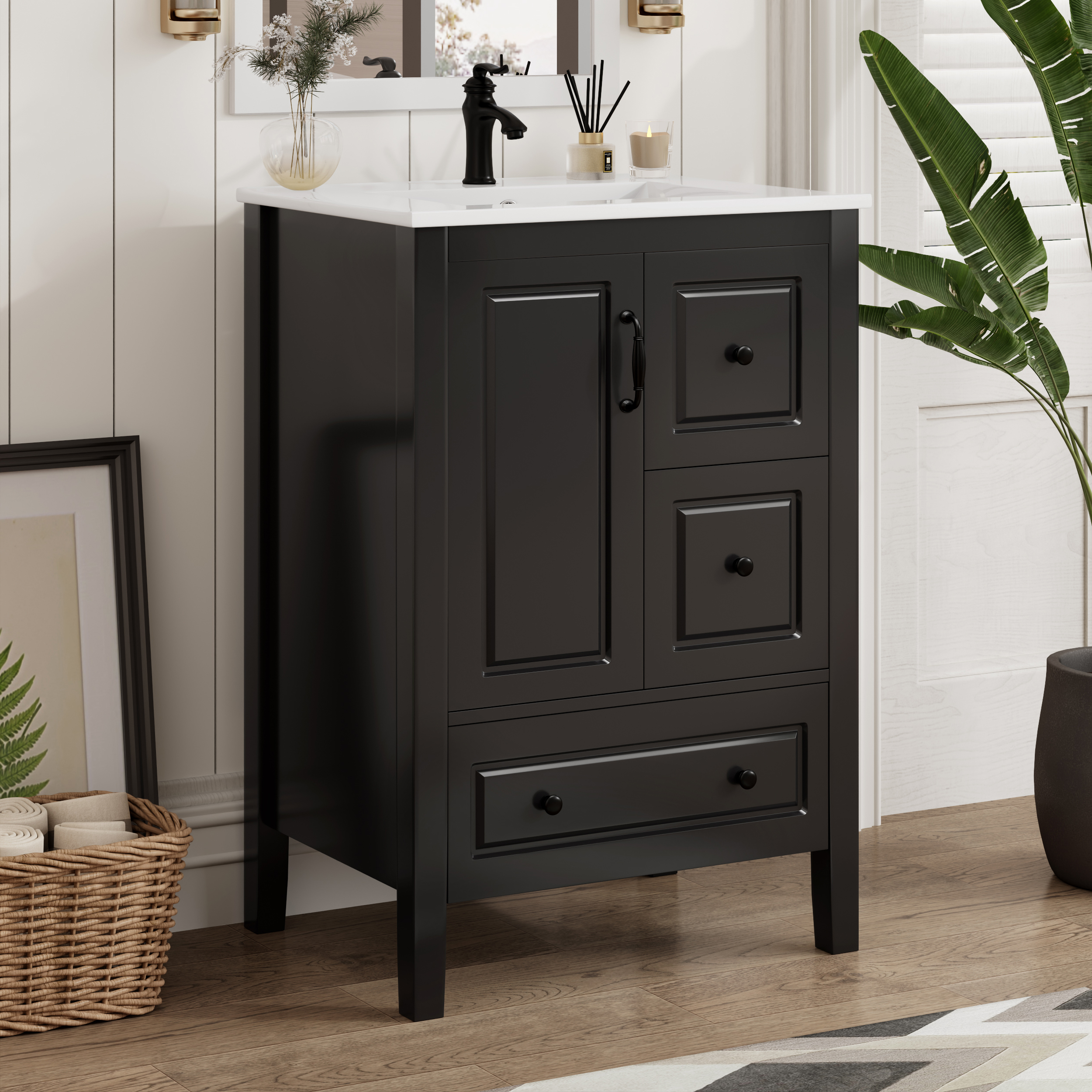 Meuble-lavabo 24" lavabo, armoire, 3 tiroirs fermeture douce noir
