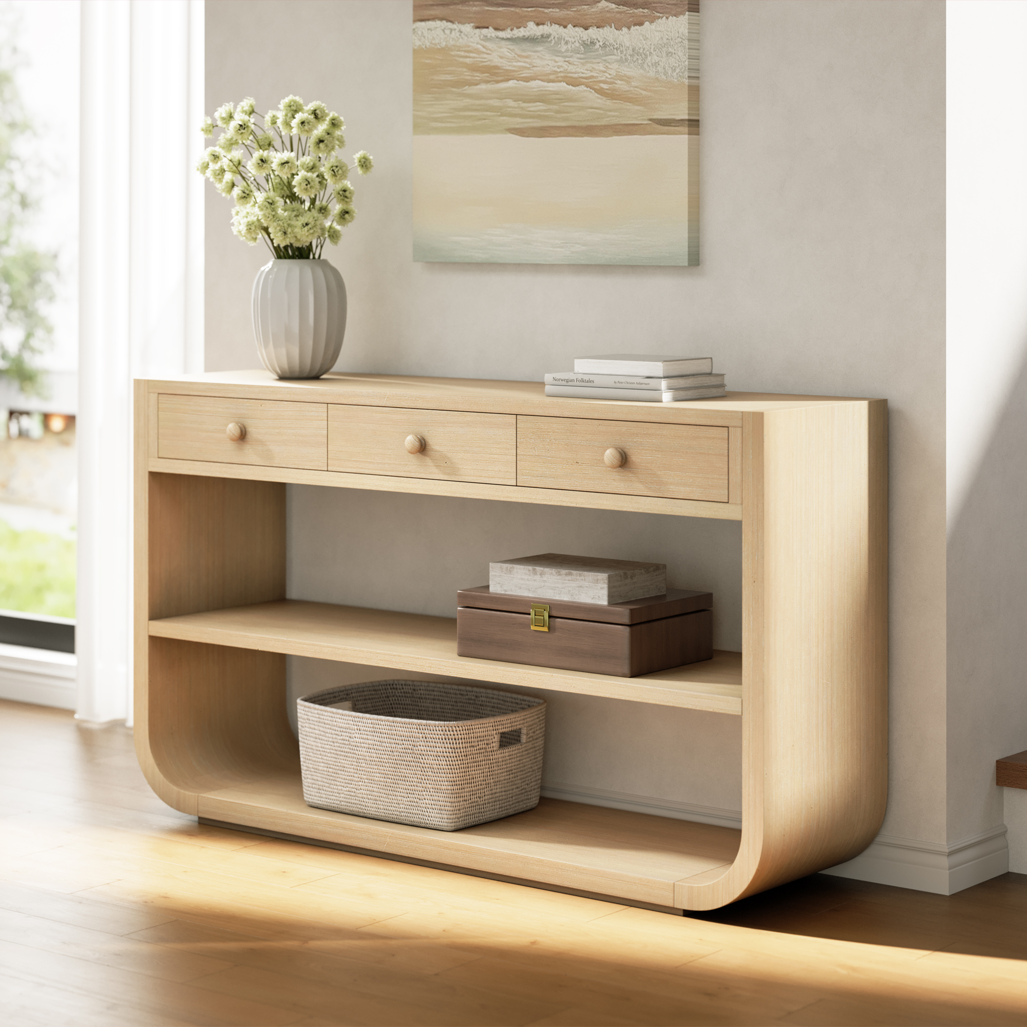 Video Table console moderne courbe, 3 tiroirs, 2 tablettes ouvertes