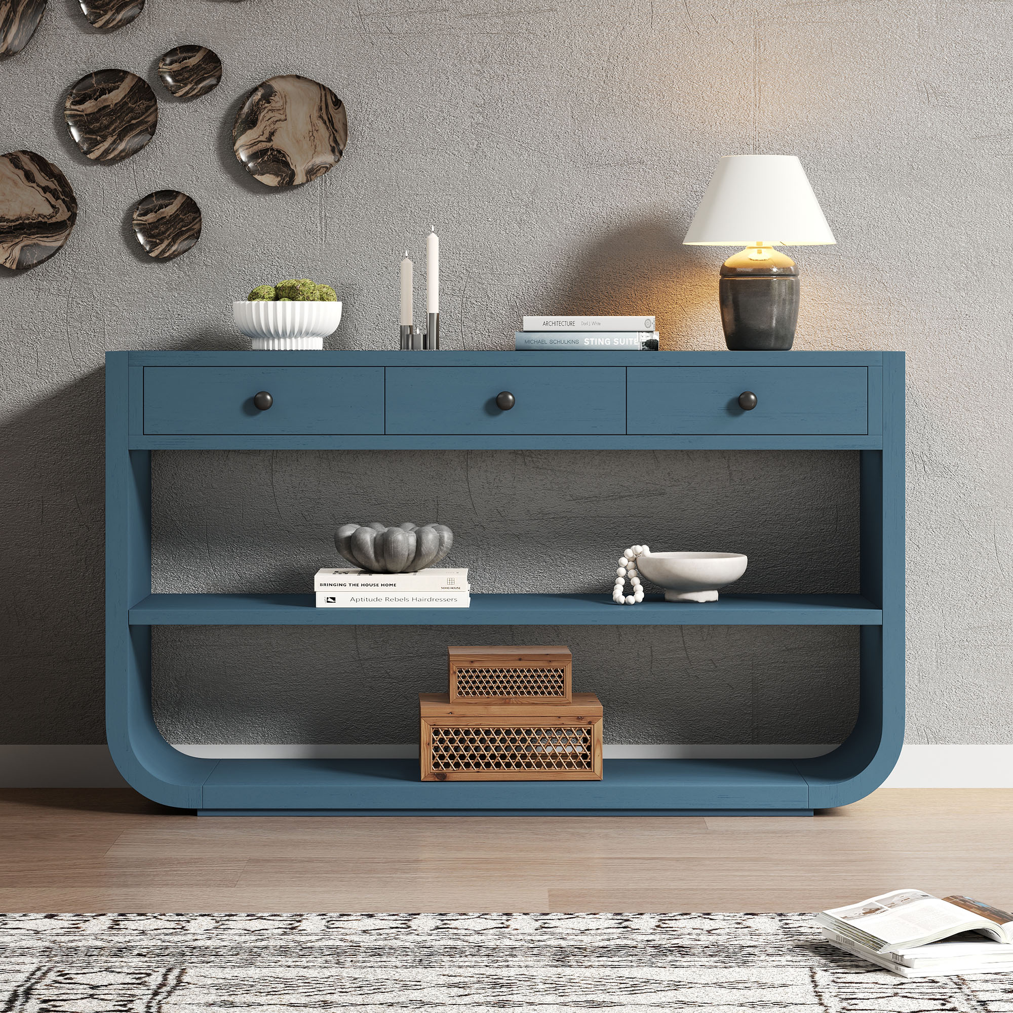 Table console 3 tiroirs, 2 tablettes, bois bleu