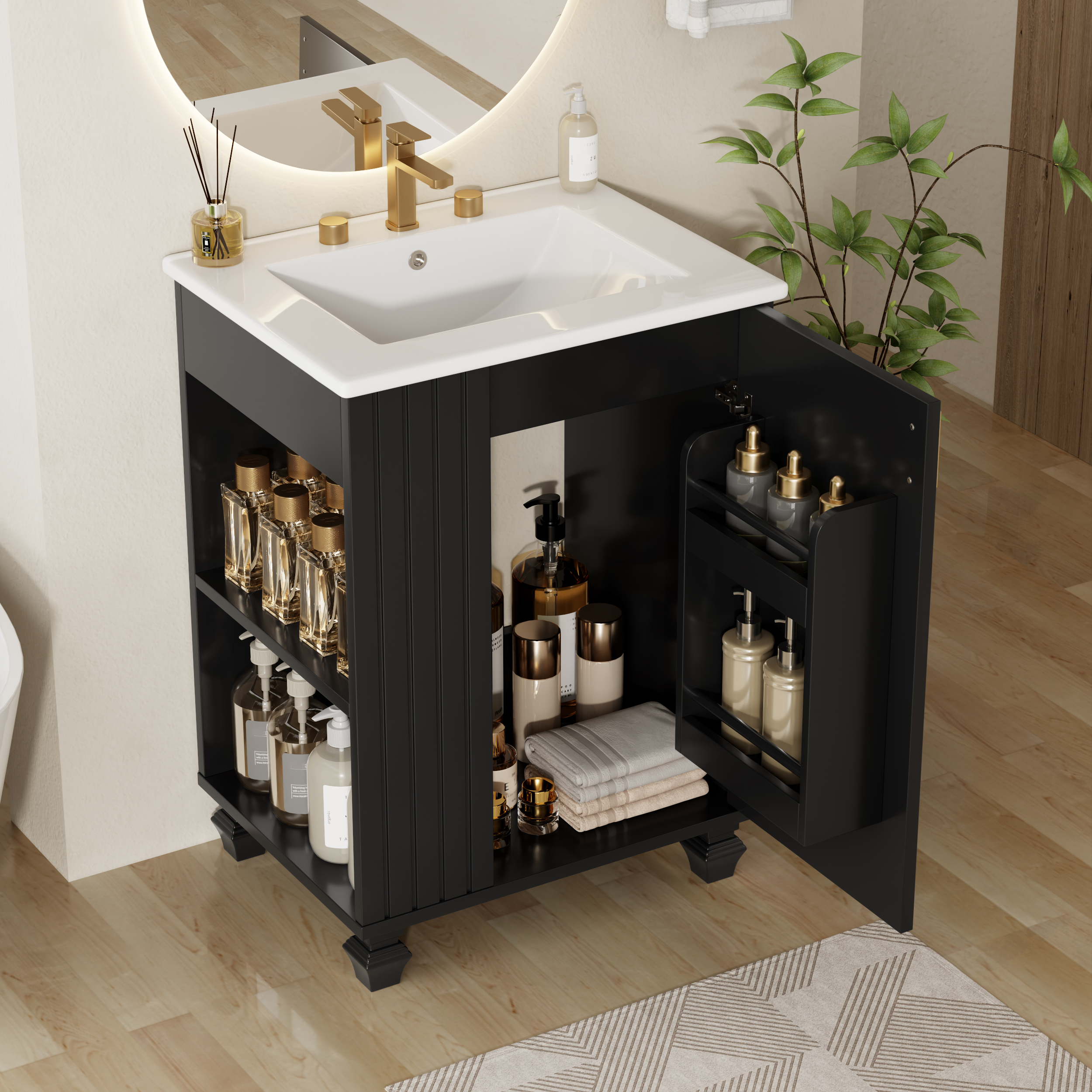 Vanité salle bain 24po noir porte soft-close bois massif
