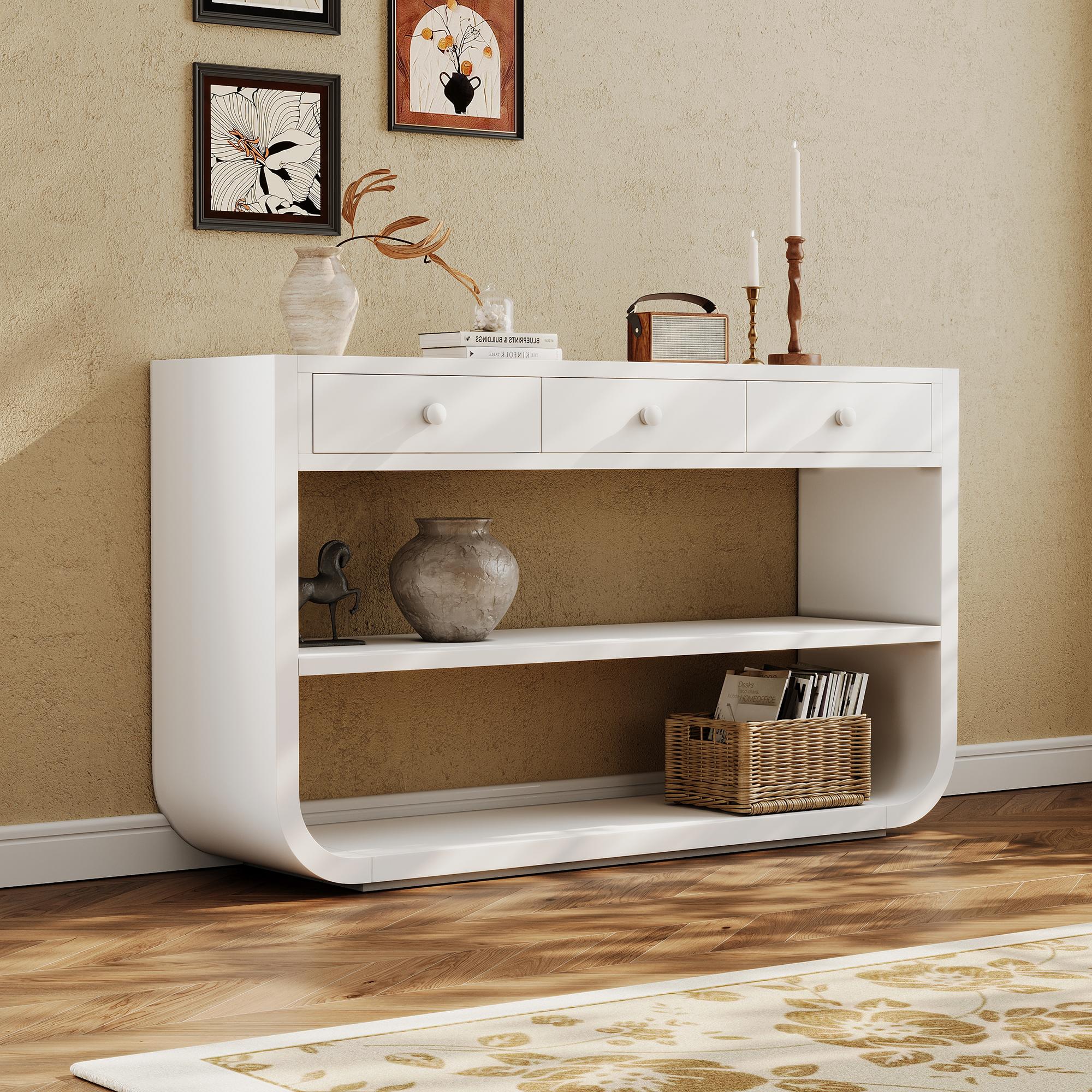 Table console courbe moderne Video, 3 tiroirs, 2 tablettes, base bois massif