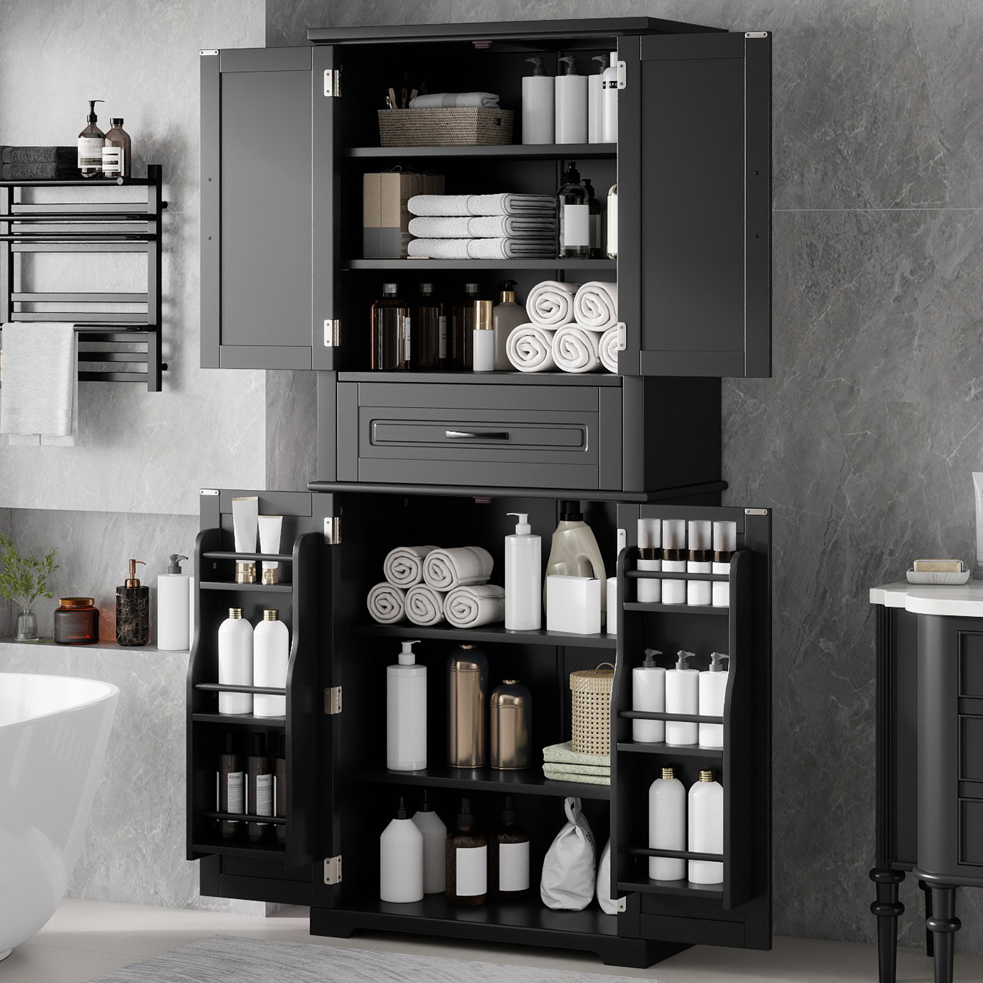 Meuble rangement salle de bain tiroir glissière, noir