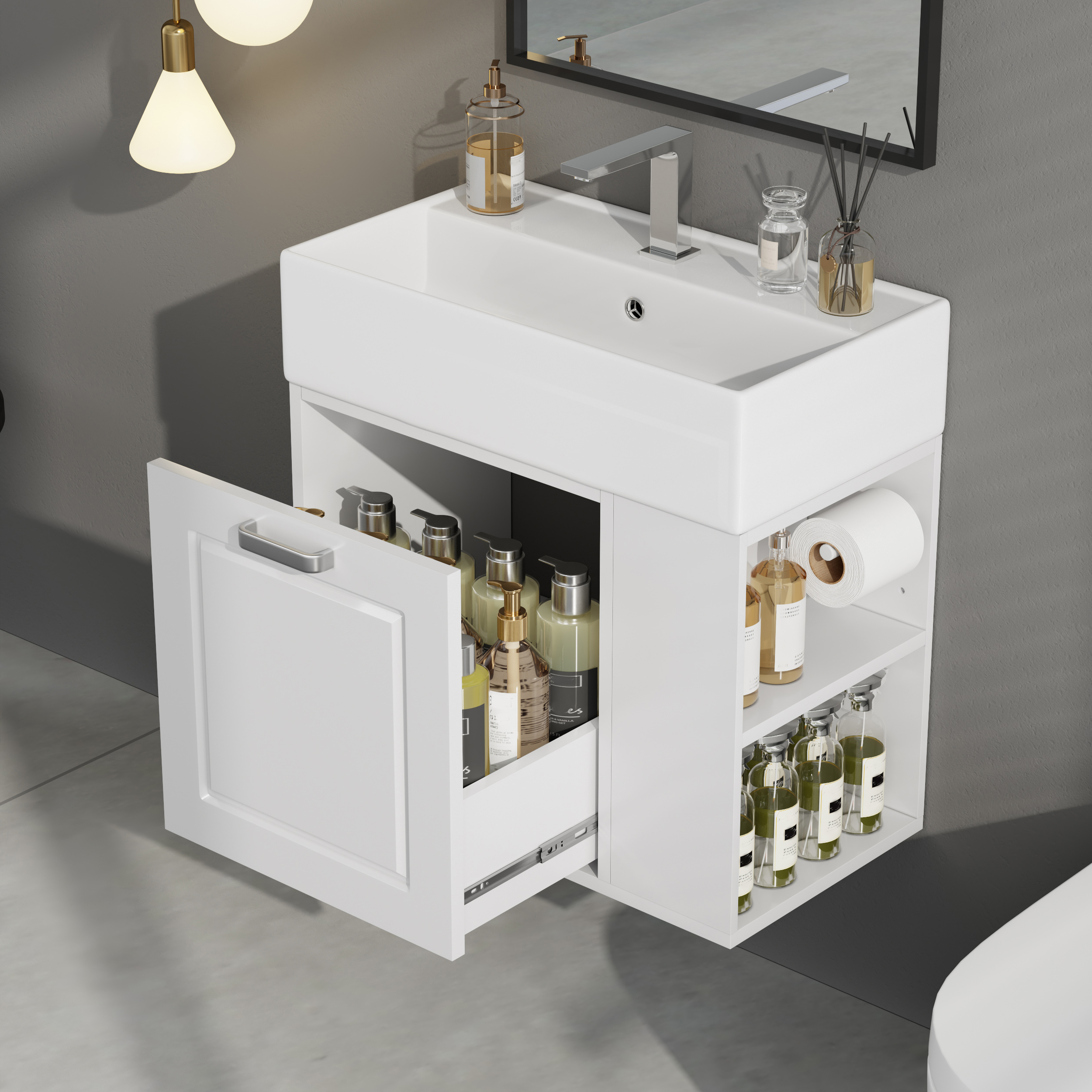Vanité murale 21,8", lavabo, tiroir, blanc