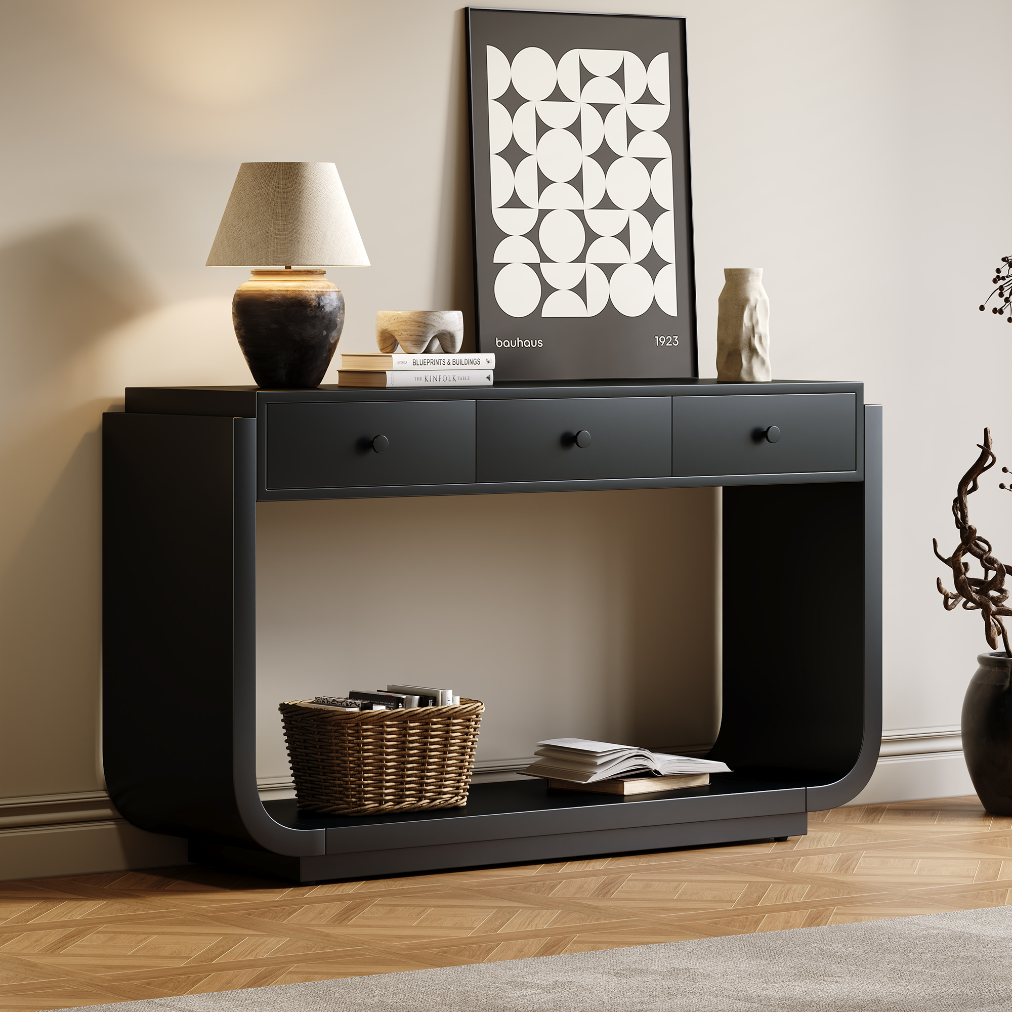 Table console classique 3 tiroirs, noir