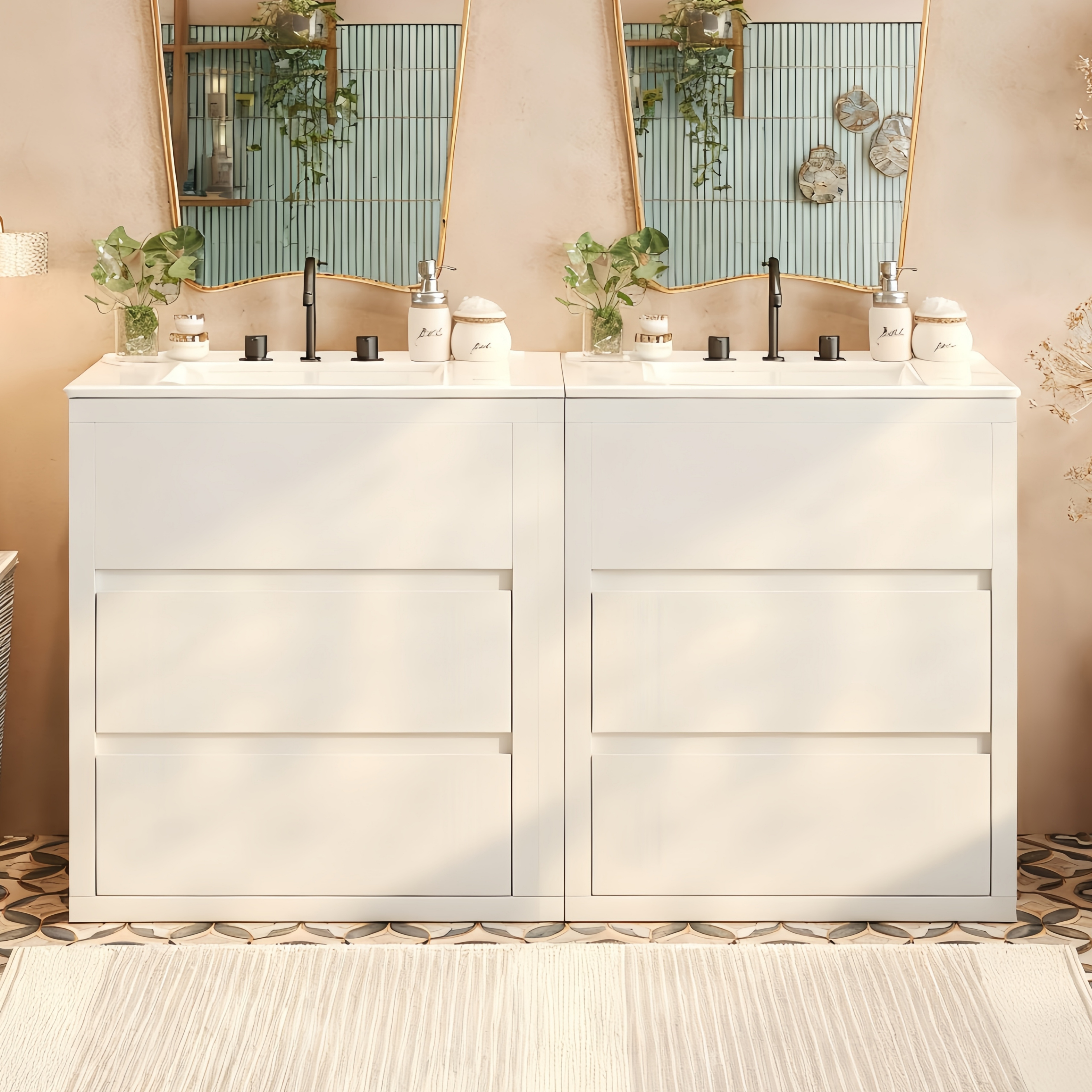 Meuble salle bain 60po double lavabo, tiroirs fermeture douce, blanc