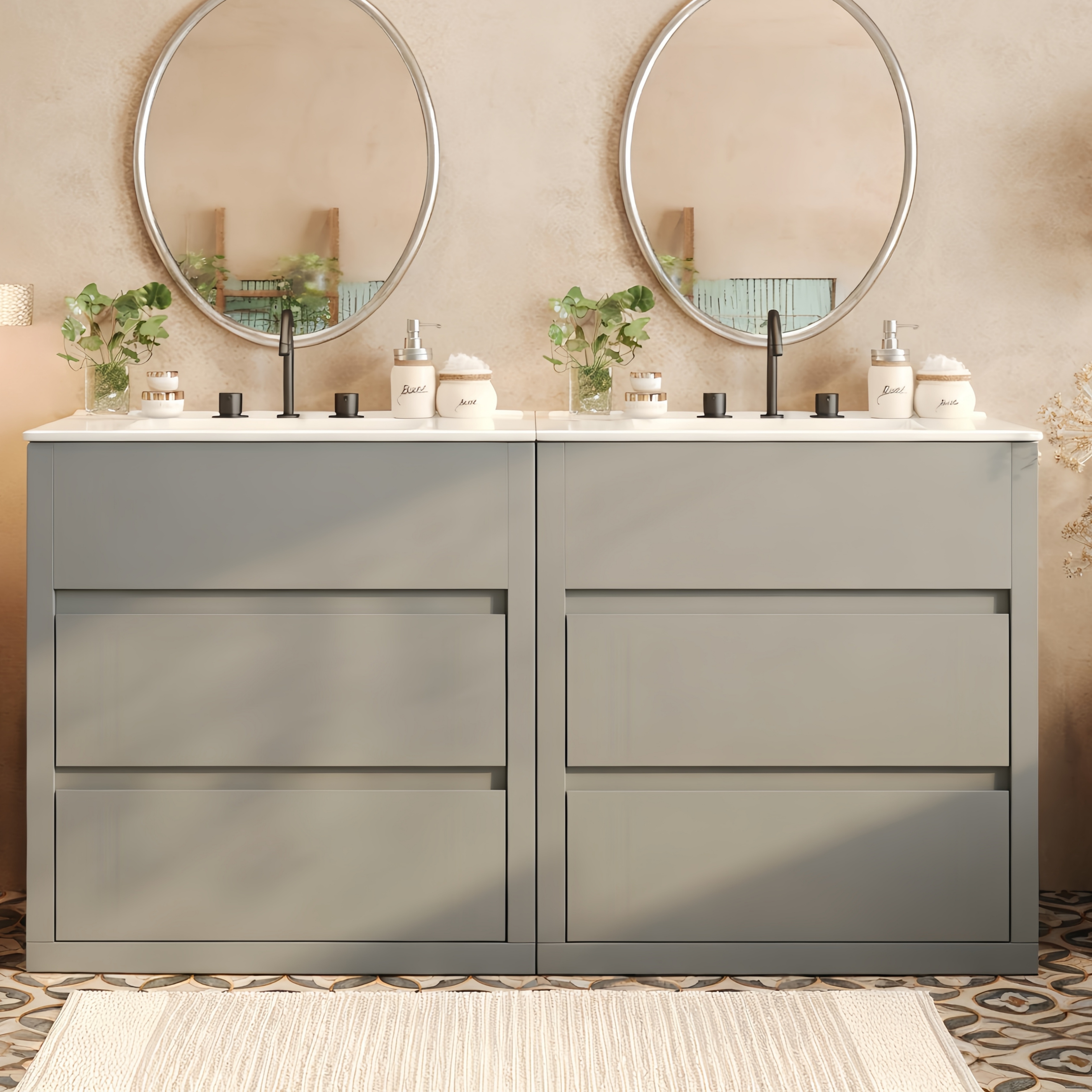 Meuble salle bain gris double lavabo 60", tiroirs