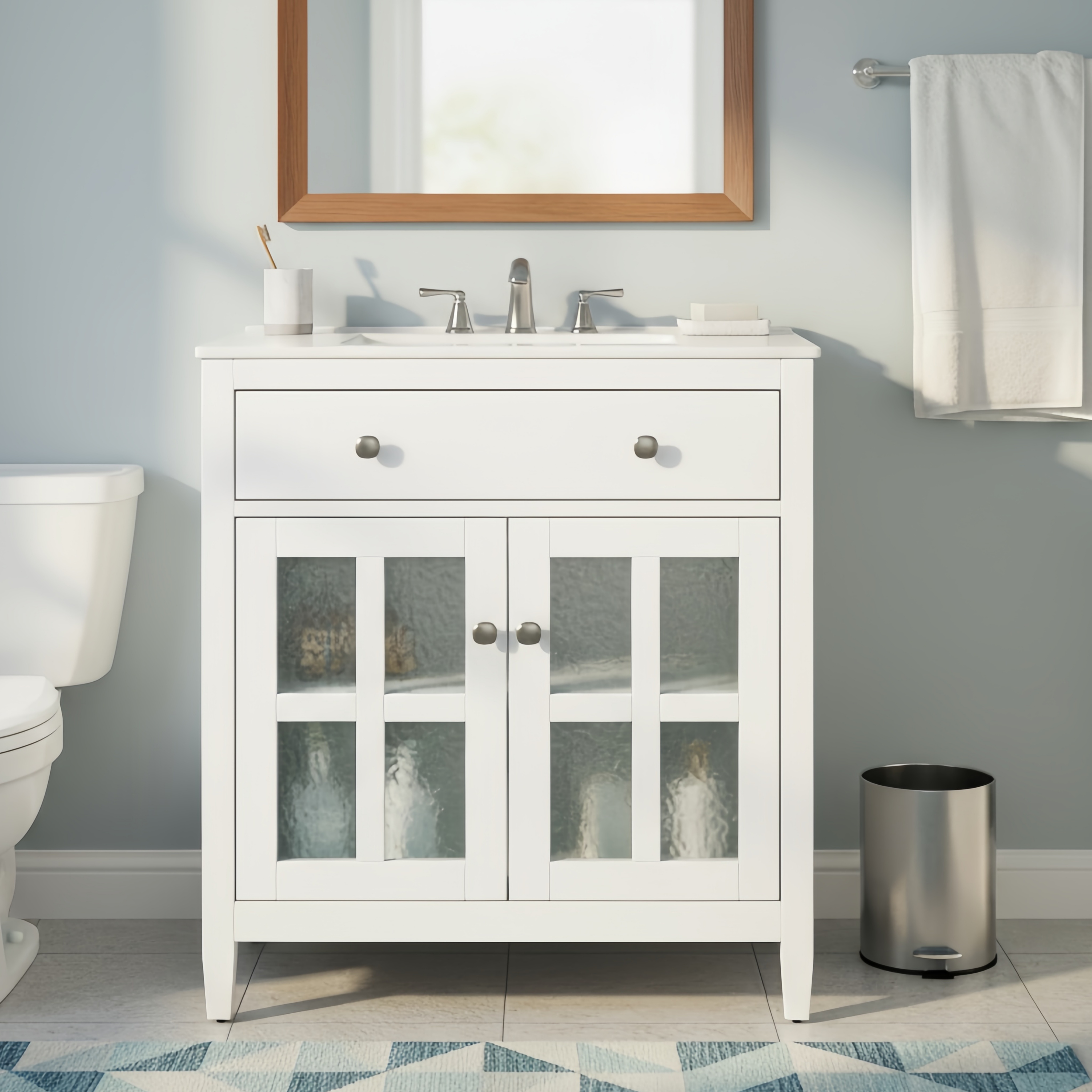 Meuble lavabo 30", céramique, étagère ajustable, blanc