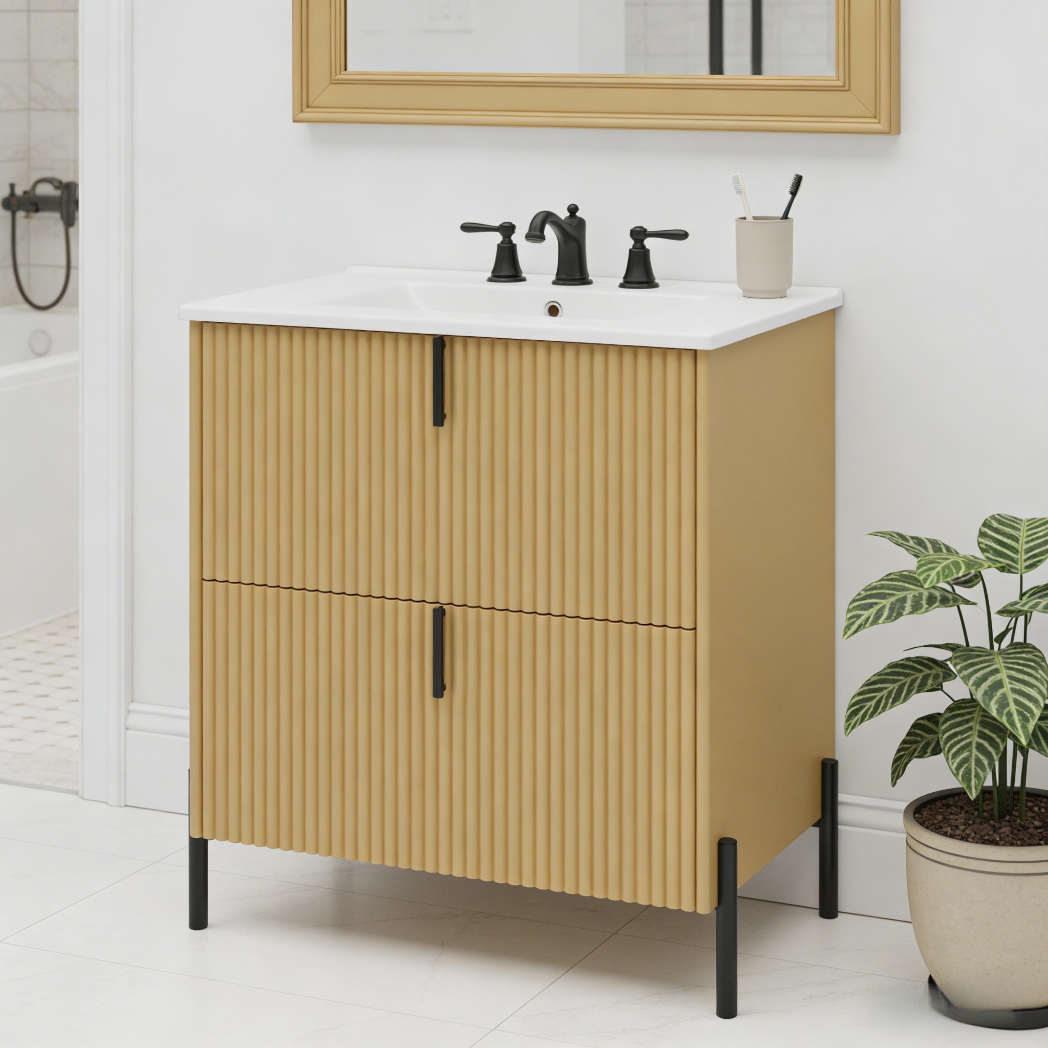 Vanité salle bain 30po porcelaine cannelure bois naturel