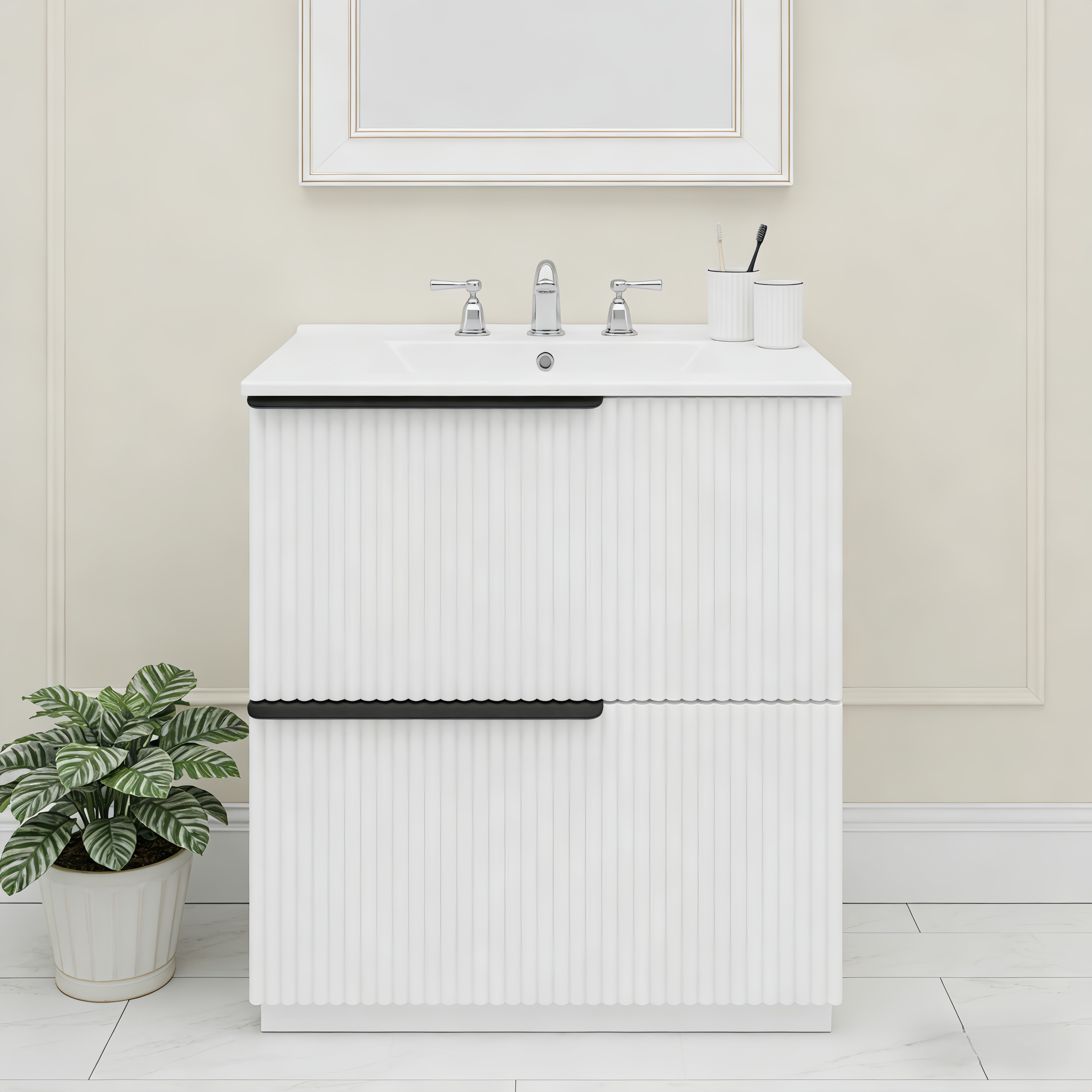 Meuble-lavabo 30po bassin céramique, tiroirs, design cannelé, blanc