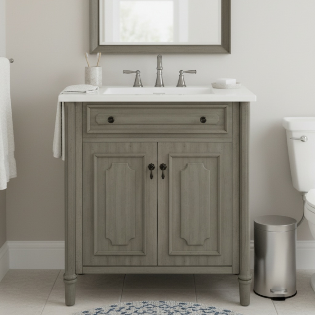 Vanité salle bain 30", bois rustique, portes soft-close
