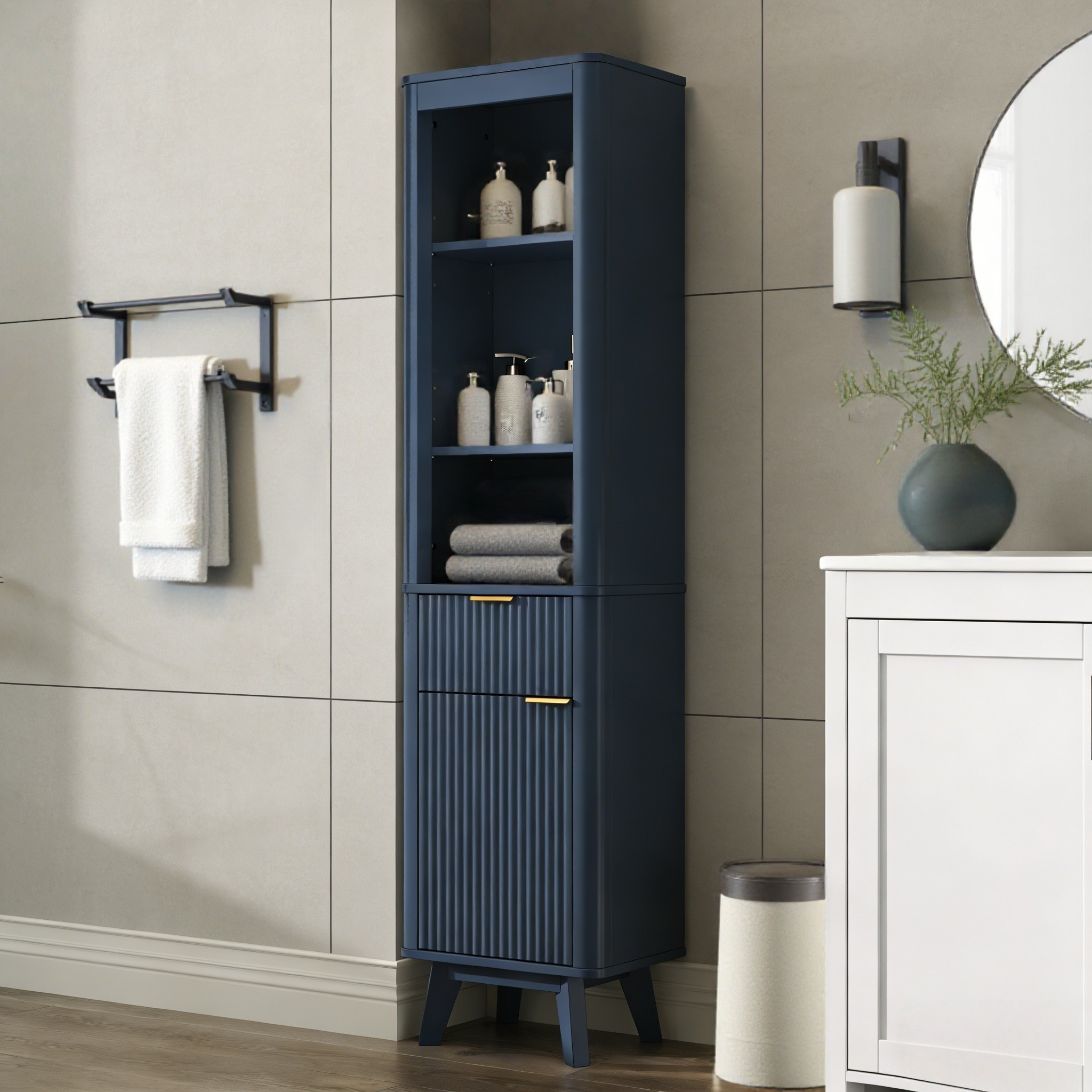 Armoire rangement salle bain 68" bleu étagères ajustables