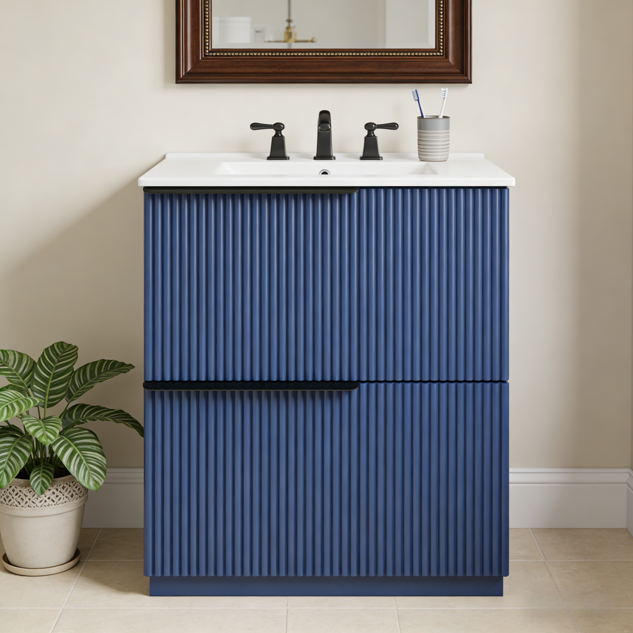 Meuble-lavabo 30po, bassin céramique, tiroirs, design cannelé, bleu