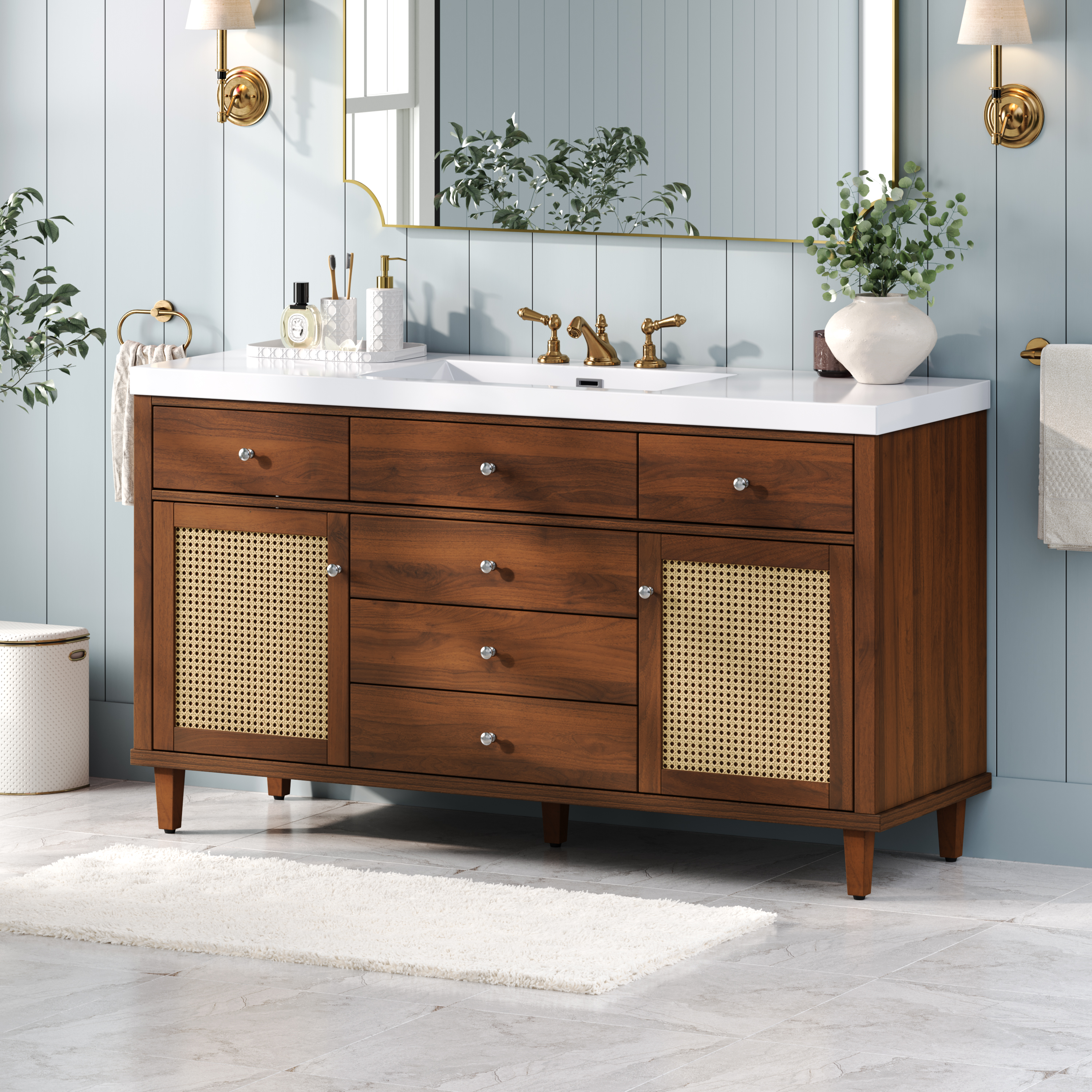 Vanité salle bain 60 po portes rotin 5 pattes brun 75 L