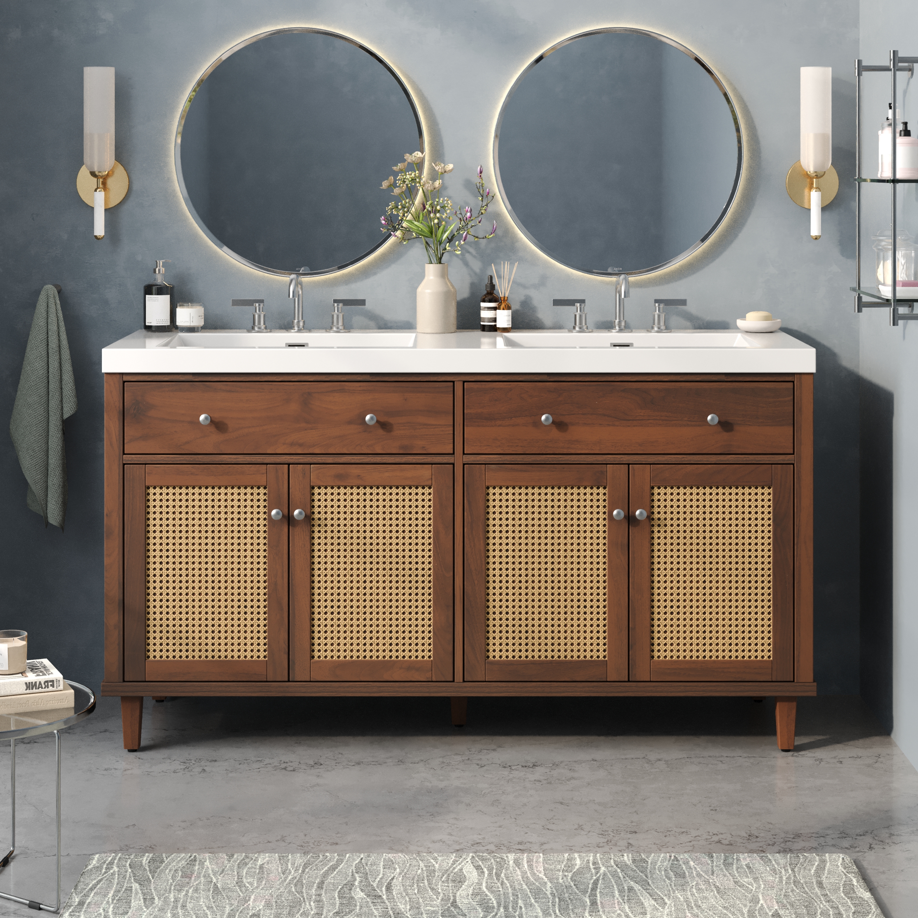 Vanité salle bain 60po 2 éviers SMC, 2 tiroirs, 4 portes soft-close brun