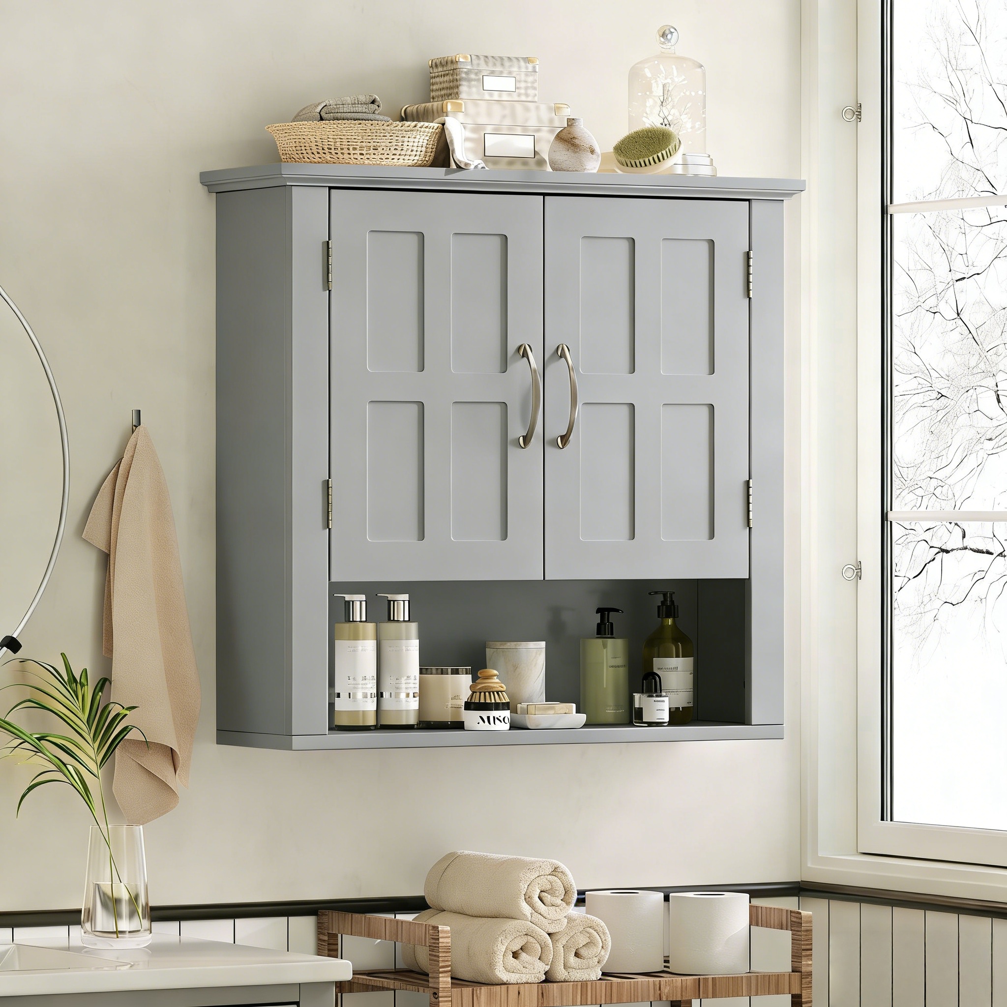 Armoire murale salle bain gris, tablettes ajustables