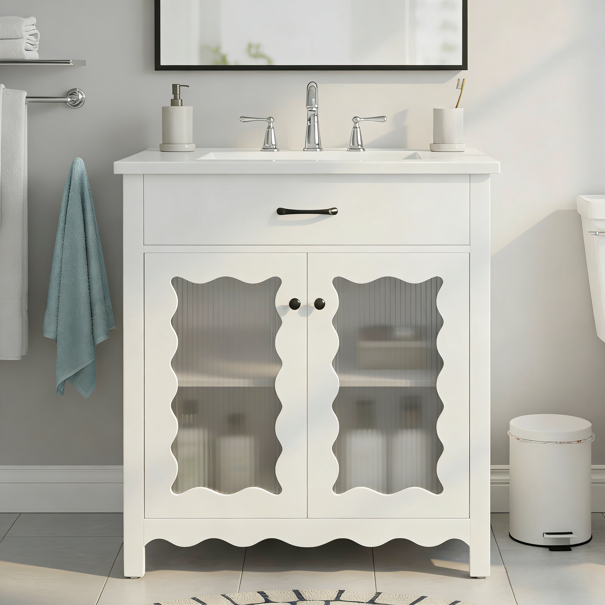 Vanité salle bain 30 po verre teinté pieds bois, portes soft-close