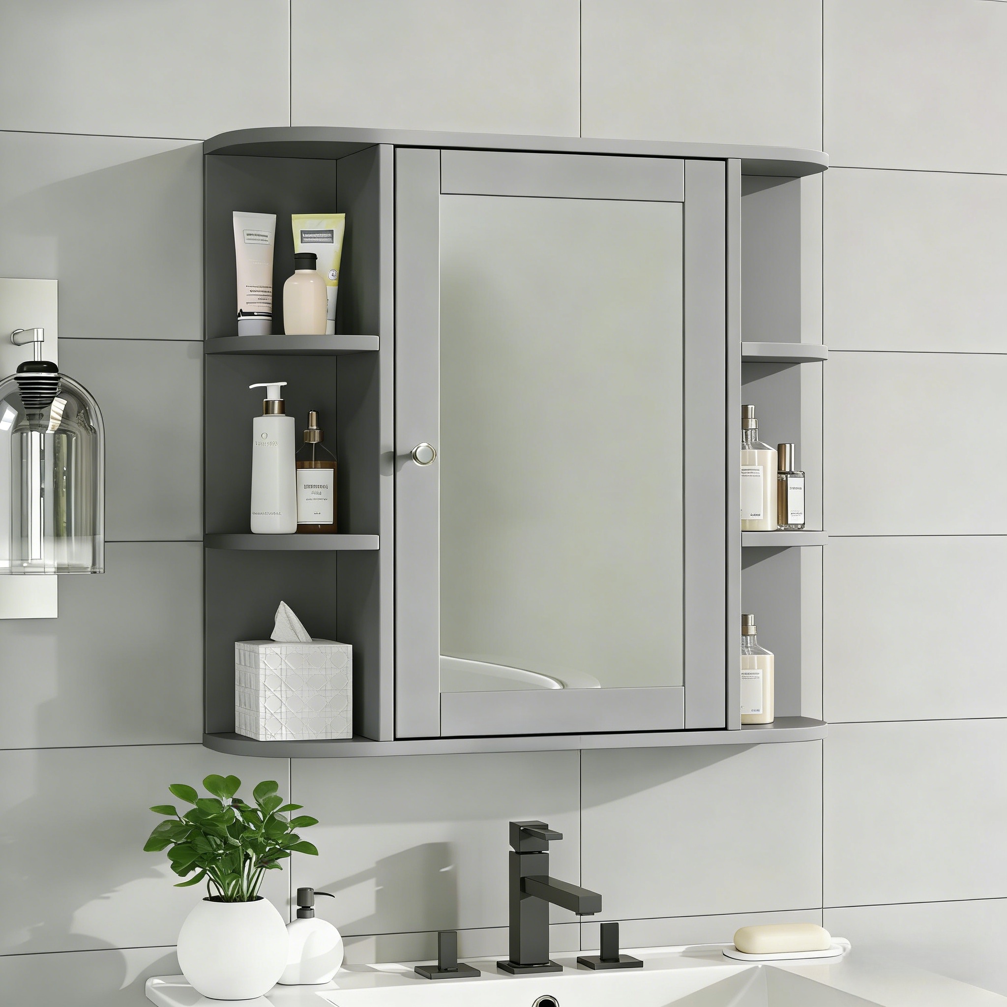 Armoire salle bain miroir gris 6 tablettes ouvertes