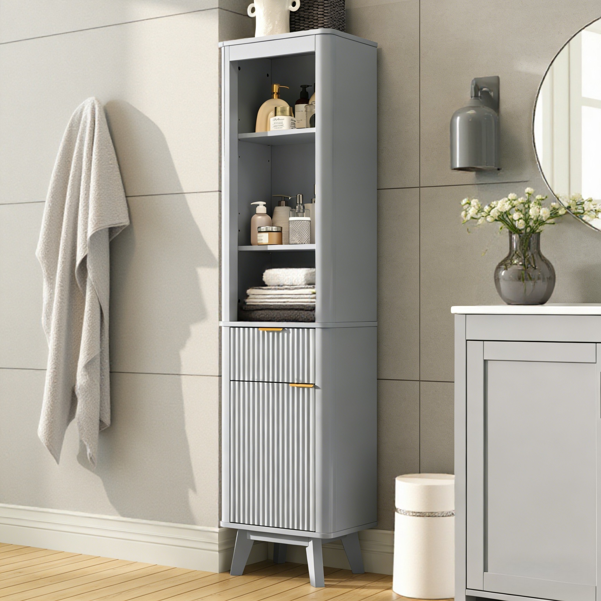 Armoire salle bain grise 68po hauteur, 1 tiroir porte