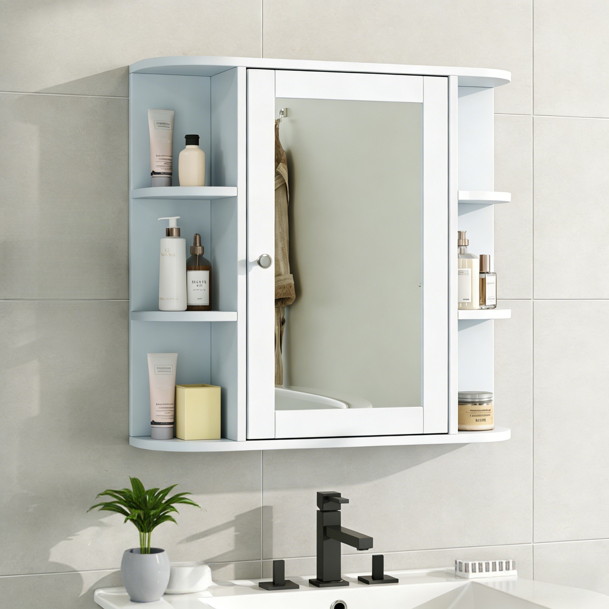 Armoire salle de bain miroir, 6 tablettes bois ajustables
