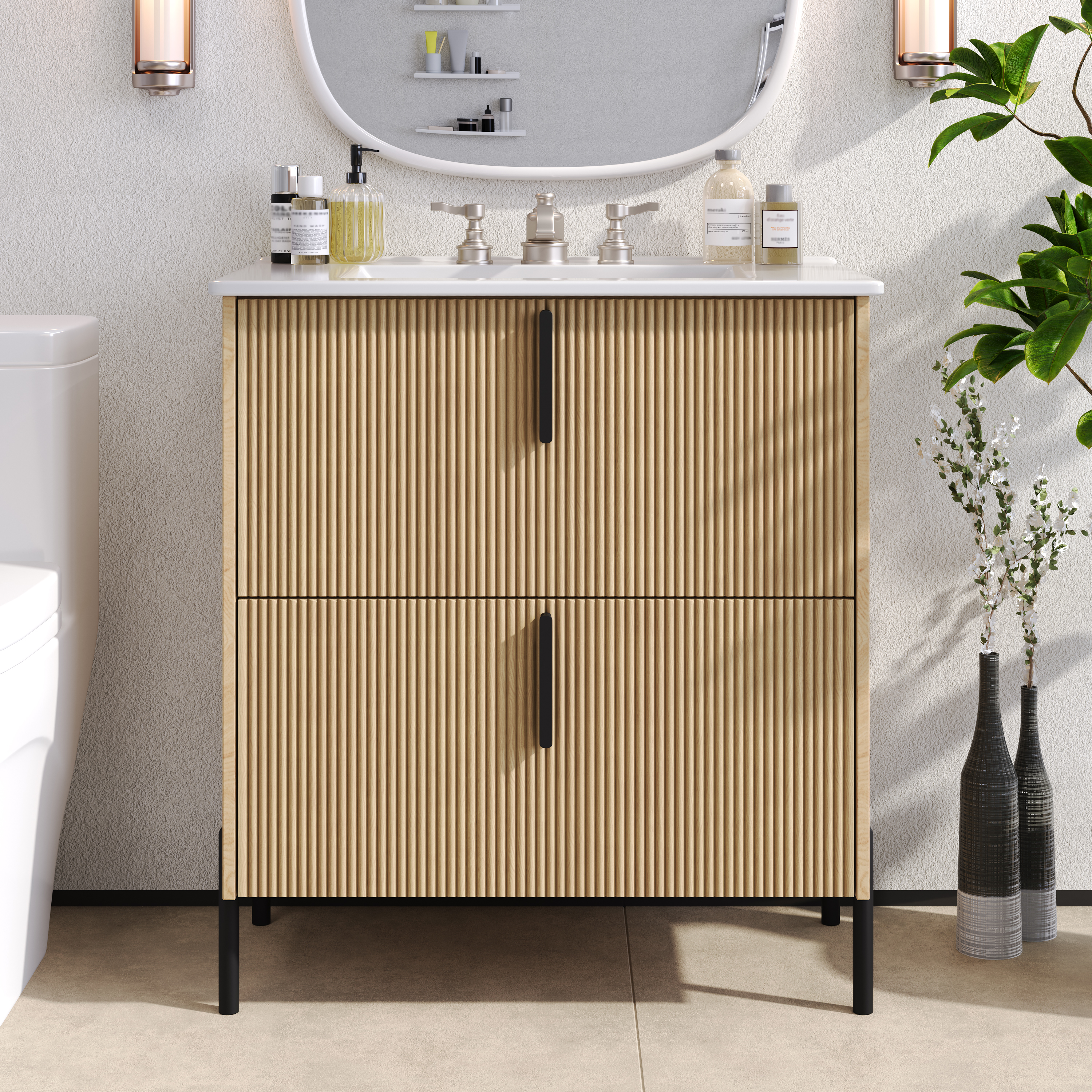 Vanité salle de bain 30po céramique tiroirs ext. complets NATUREL