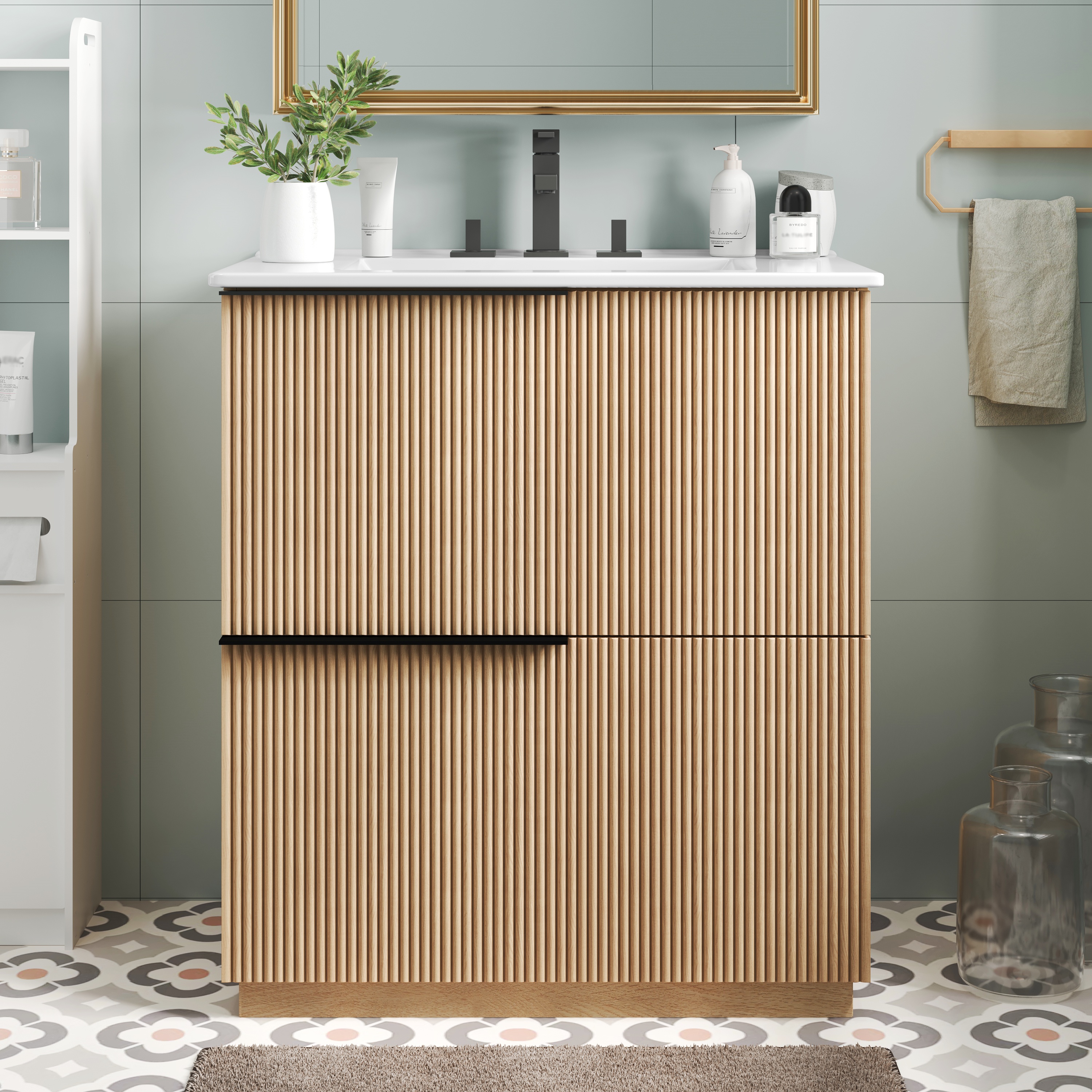 Meuble-lavabo 30" évier céramique, tiroirs flutés