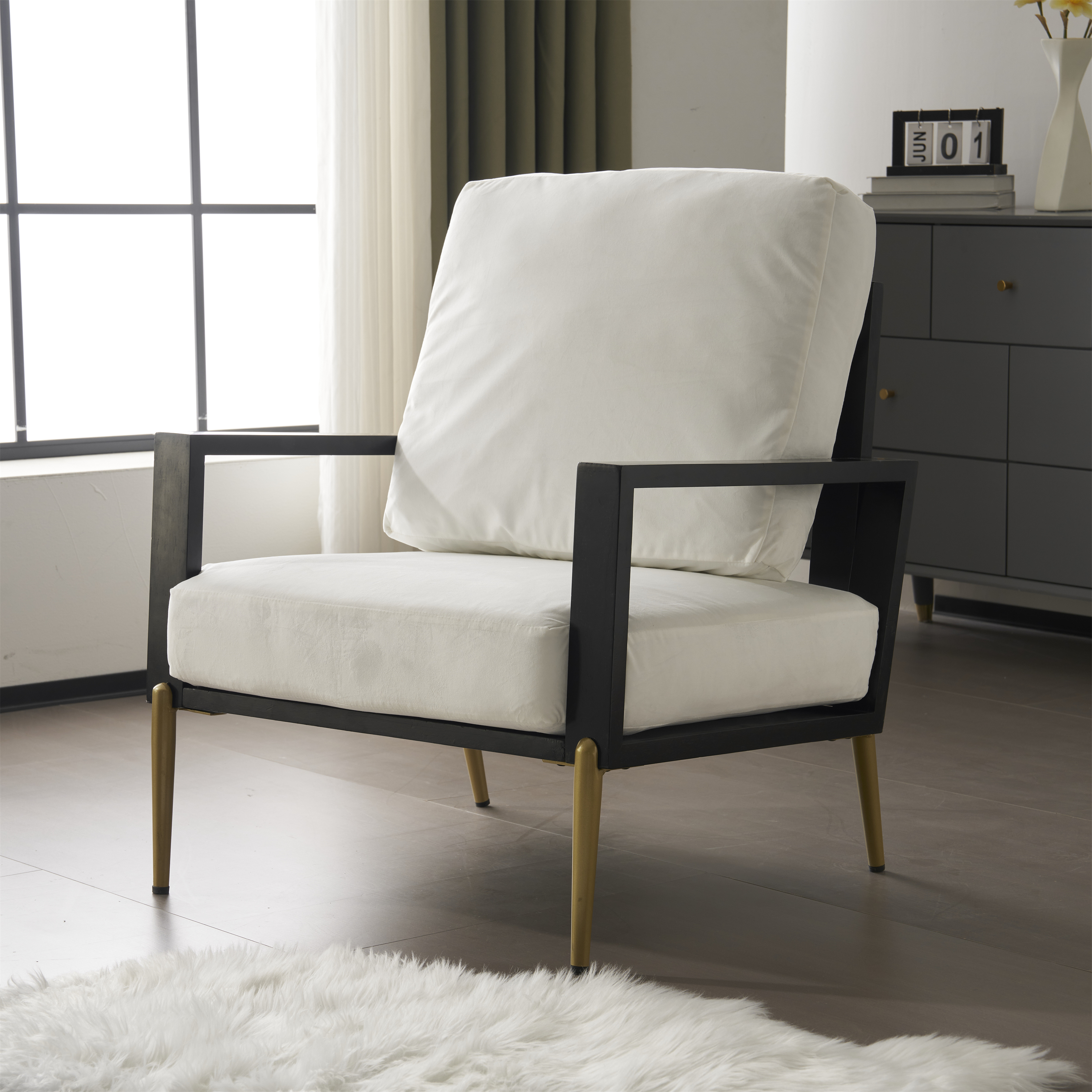 Fauteuil Accent Velours Pieds Métal Blanc Salon