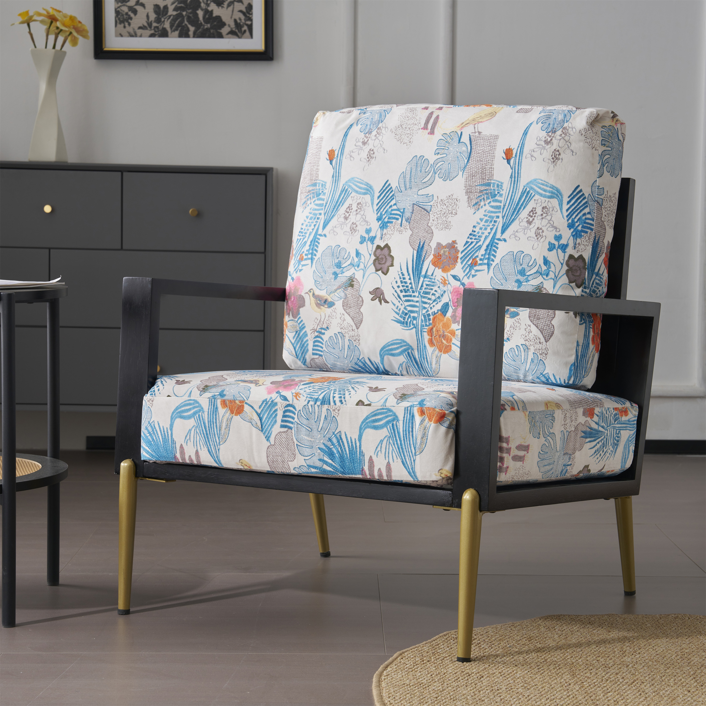 Chaise accent velours bois cadre pieds métal bleu lecture