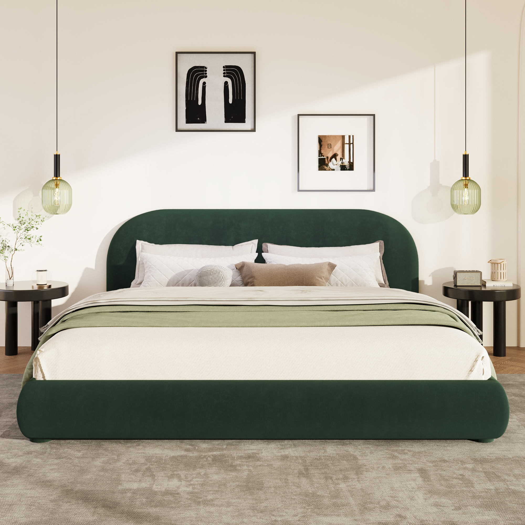 Lit velours vert foncé King, texture luxe, ambiance haut de gamme