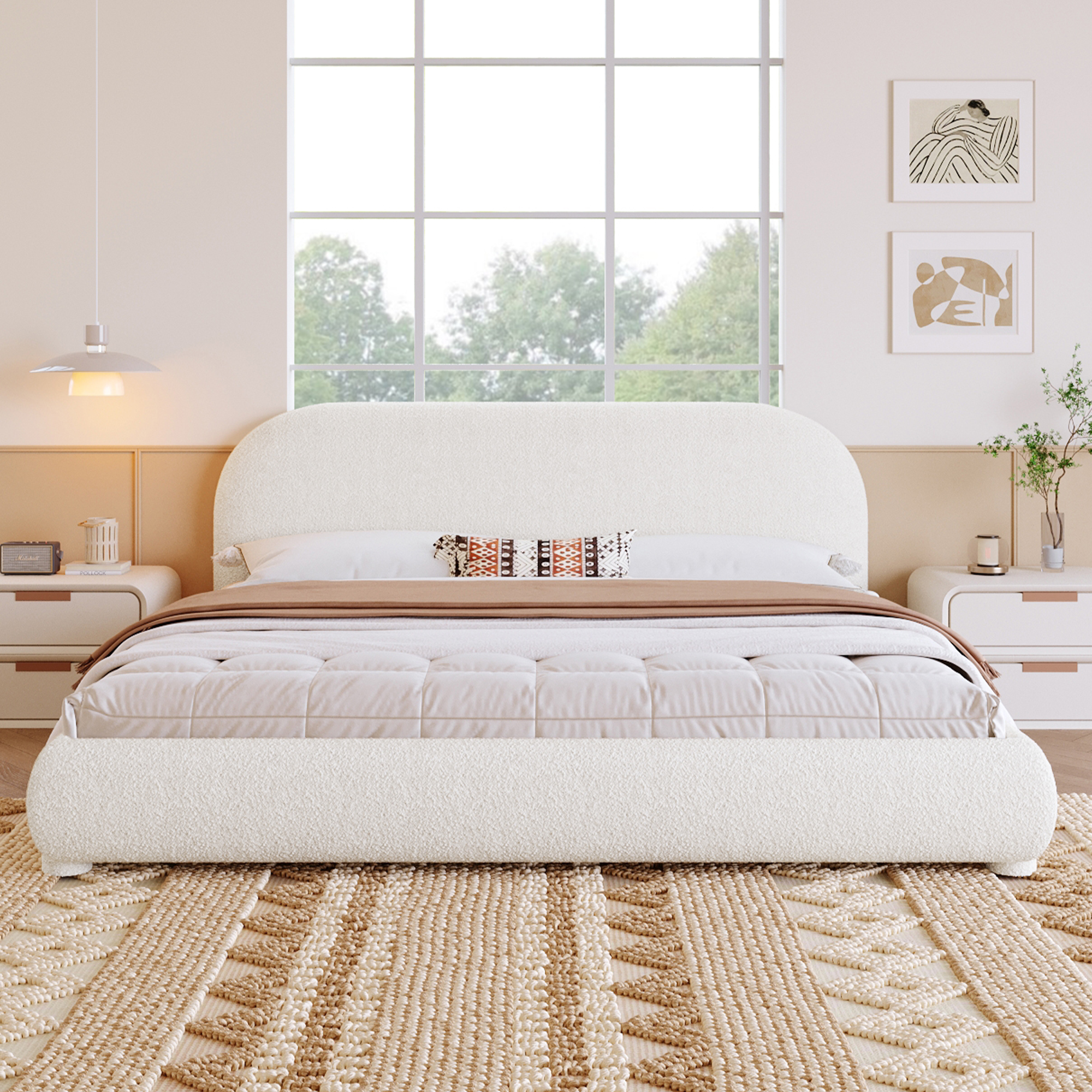 Lit double crème tissu rembourré, design moderne, Queen