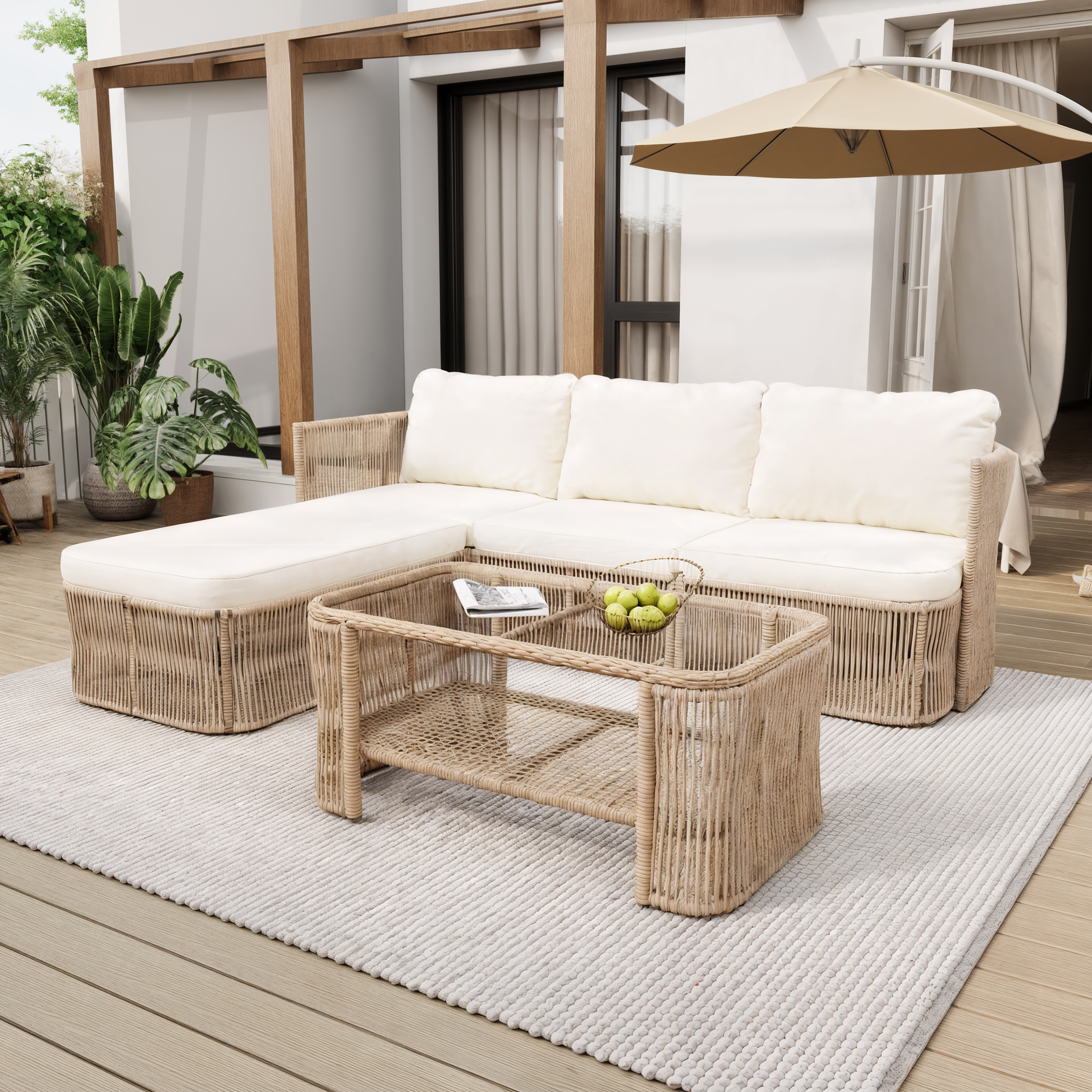 Ensemble patio Osier PE, cadre fer, conversation sofa, beige foncé