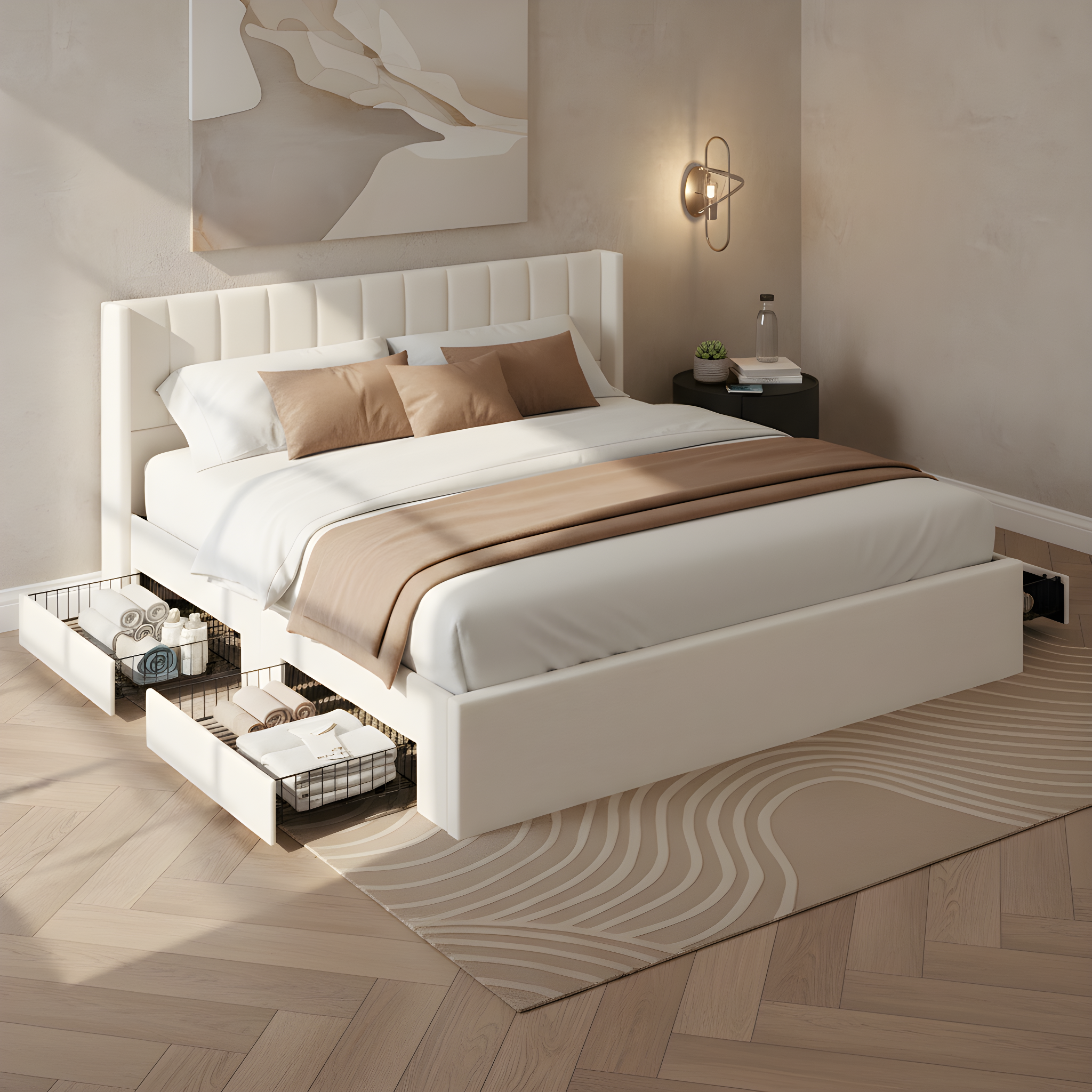Lit rangement rembourré 4 tiroirs beige roi
