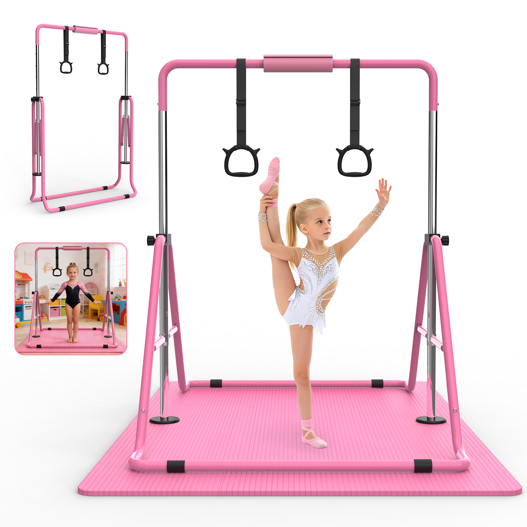 Barre gymnastics ajustable enfants, pliable, avec tapis