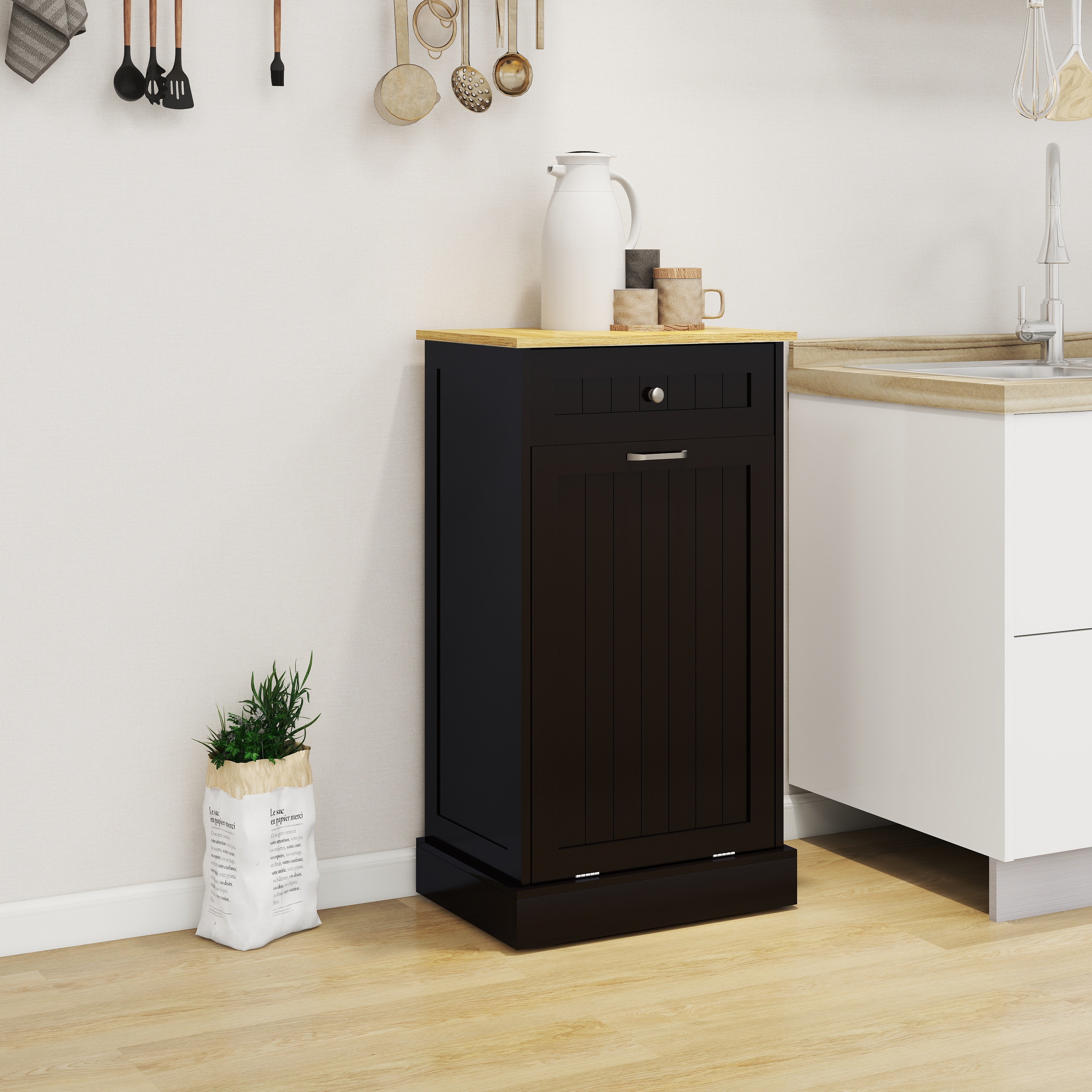 Cabinet poubelle cuisine 1 tiroir 1 compartiment noir