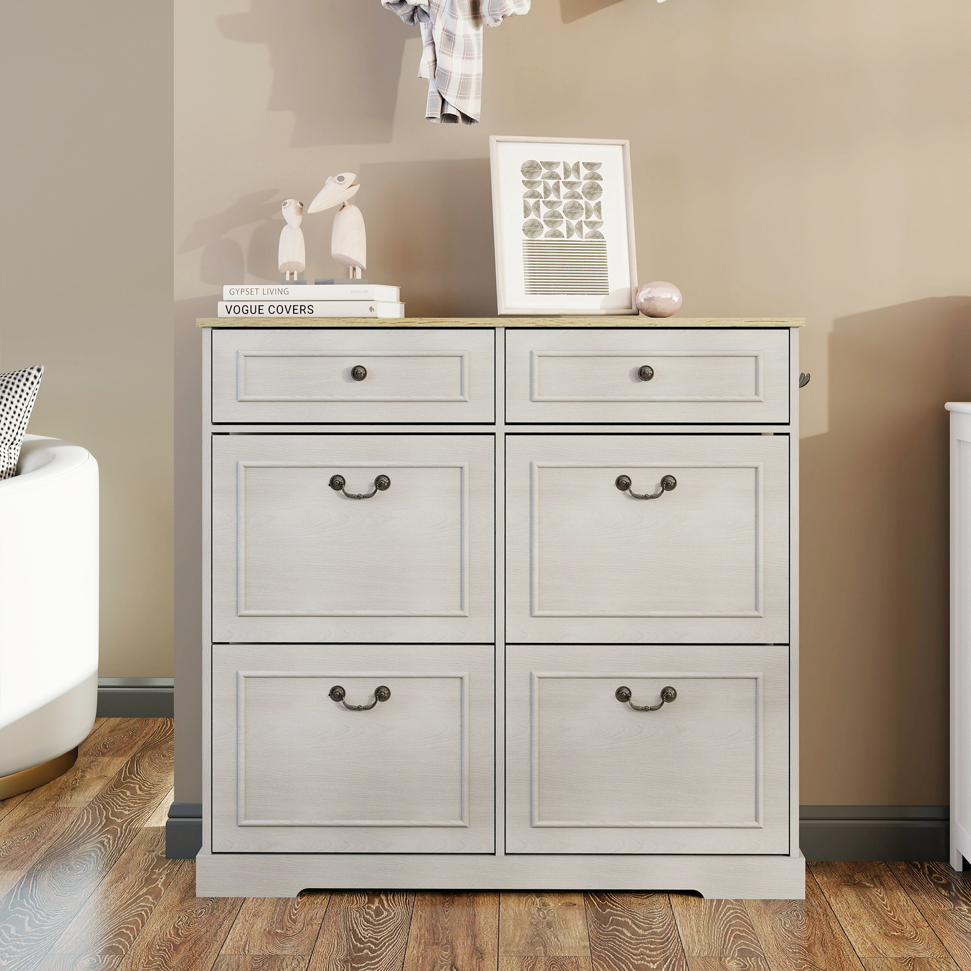 Armoire Rangement Chaussures 2 Tiroirs 4 Rabattables Blanc Antique