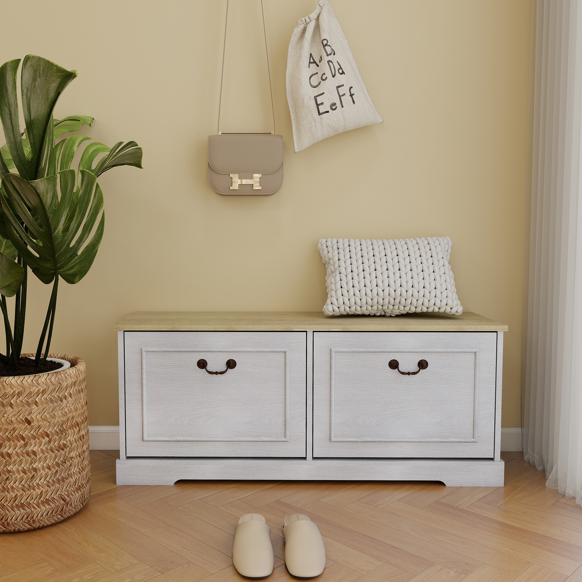 Banc rangement chaussures 2 tiroirs, blanc antique, ajustable