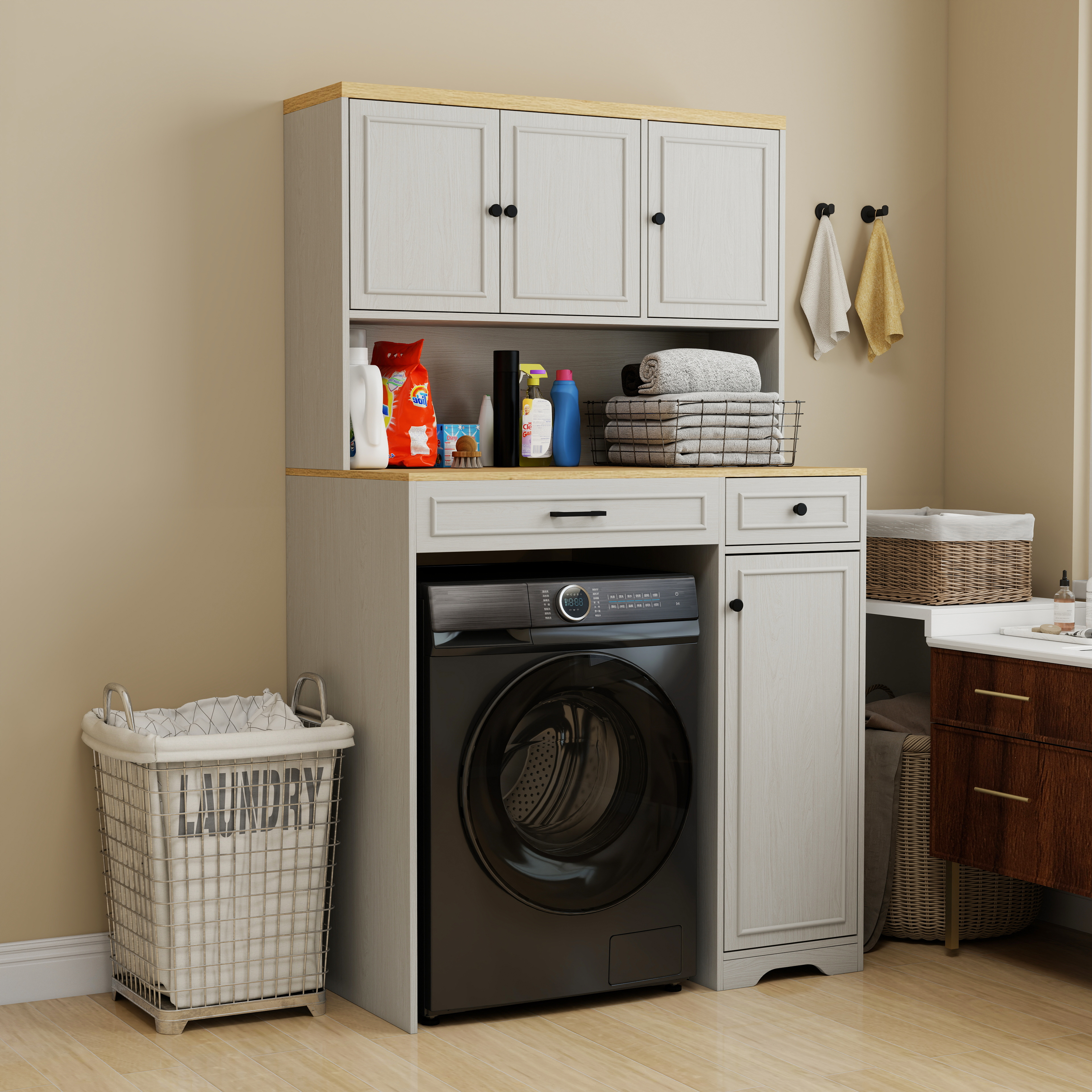Meuble rangement lave-linge sécheuse robot, organiseur buanderie antique blanc