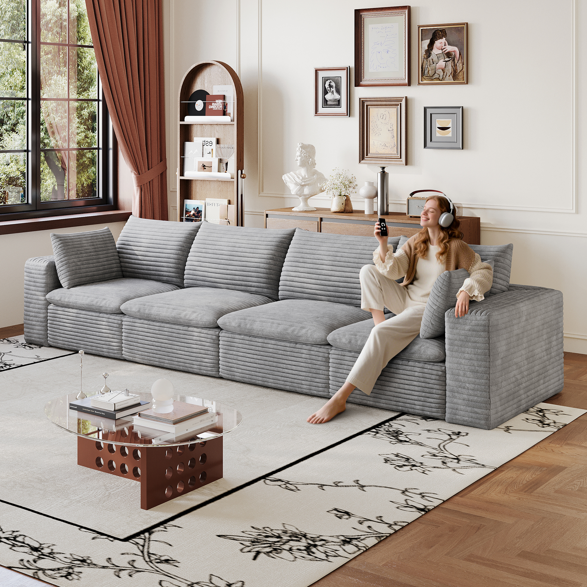 Sofa nuage 134 po, velours côtelé, design double couche, gris