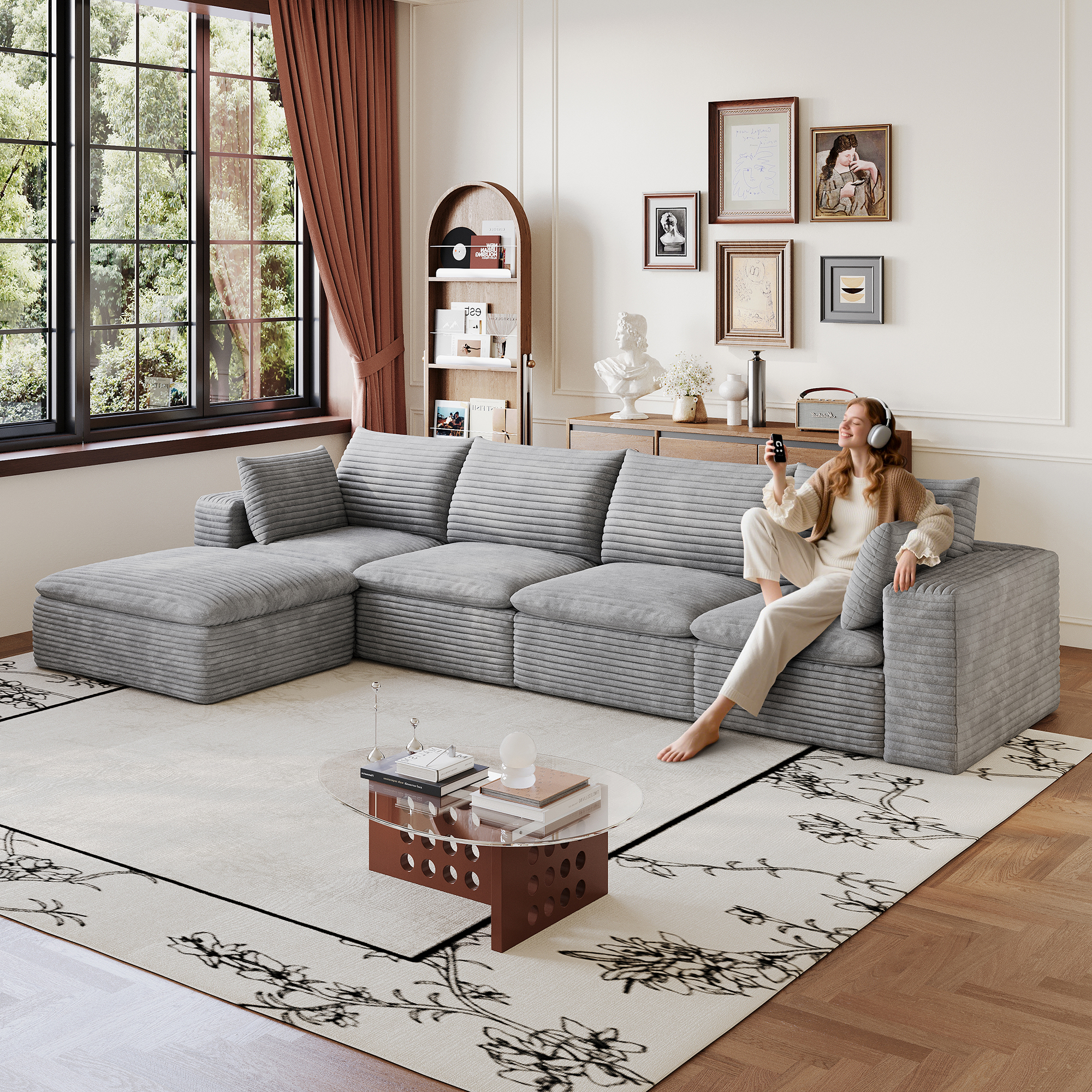 Sofa nuage 134 po, corduroy, assise profonde, coussin amovible, gris