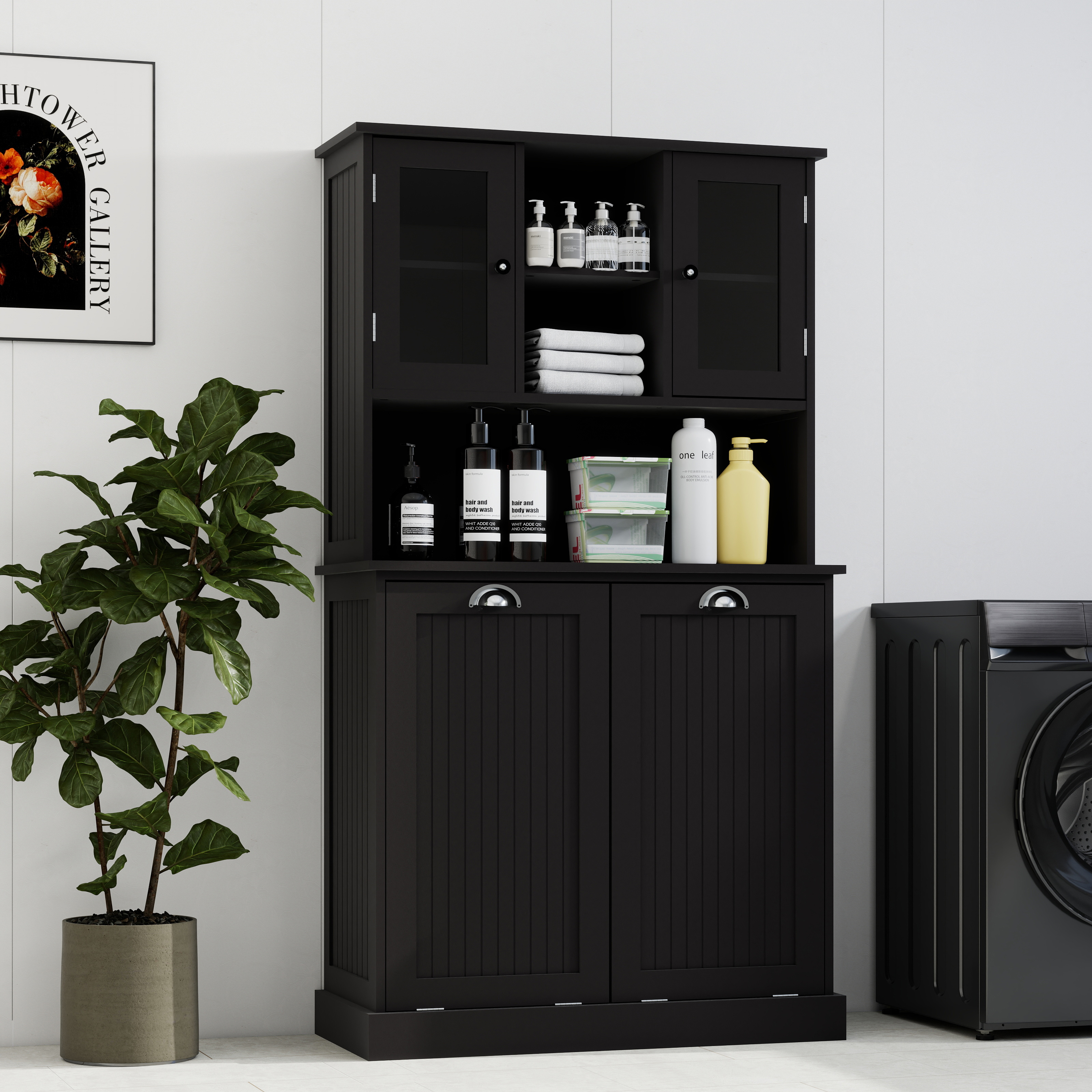 Panier linge 2 compartiments meuble salle bain 2 tablettes noir