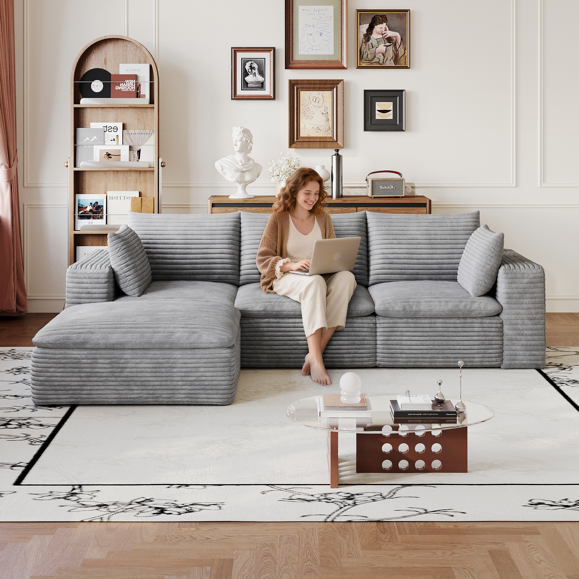 Sofa nuage 102po velours profond double couche gris modulable