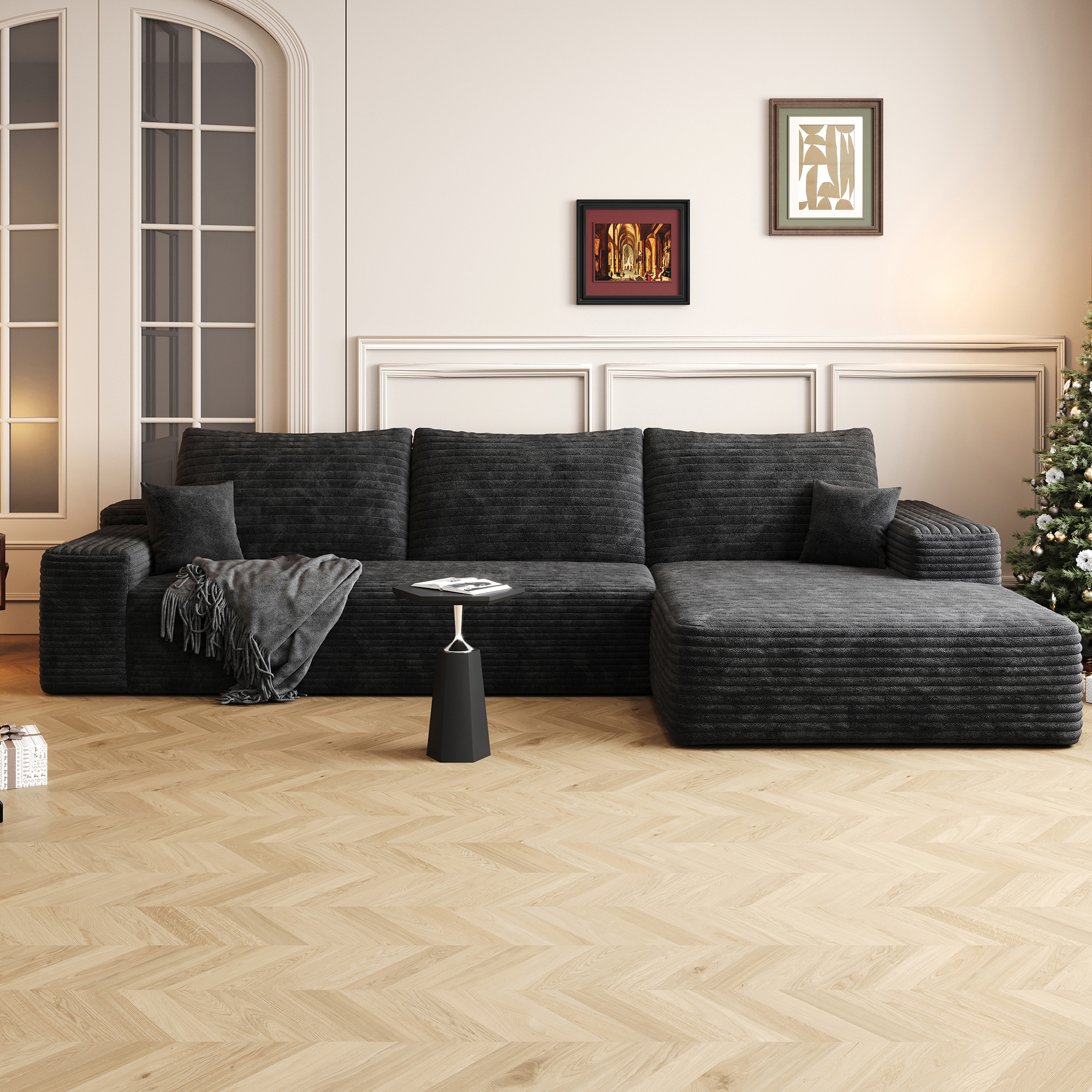 Sectional 107" L-shape corduroy noir sans montage